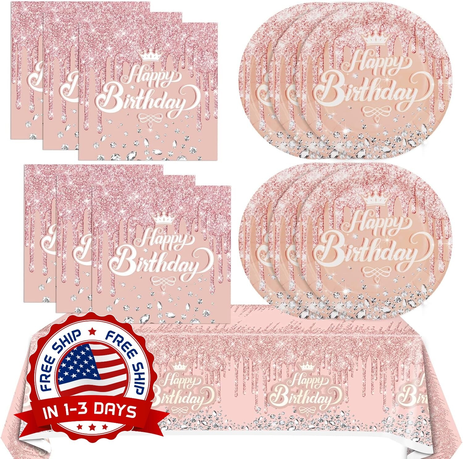 41 PCS Platos Set Borde Y Cubiertos De Papel Para Boda, Fiest, Tema De Oro Rosa.