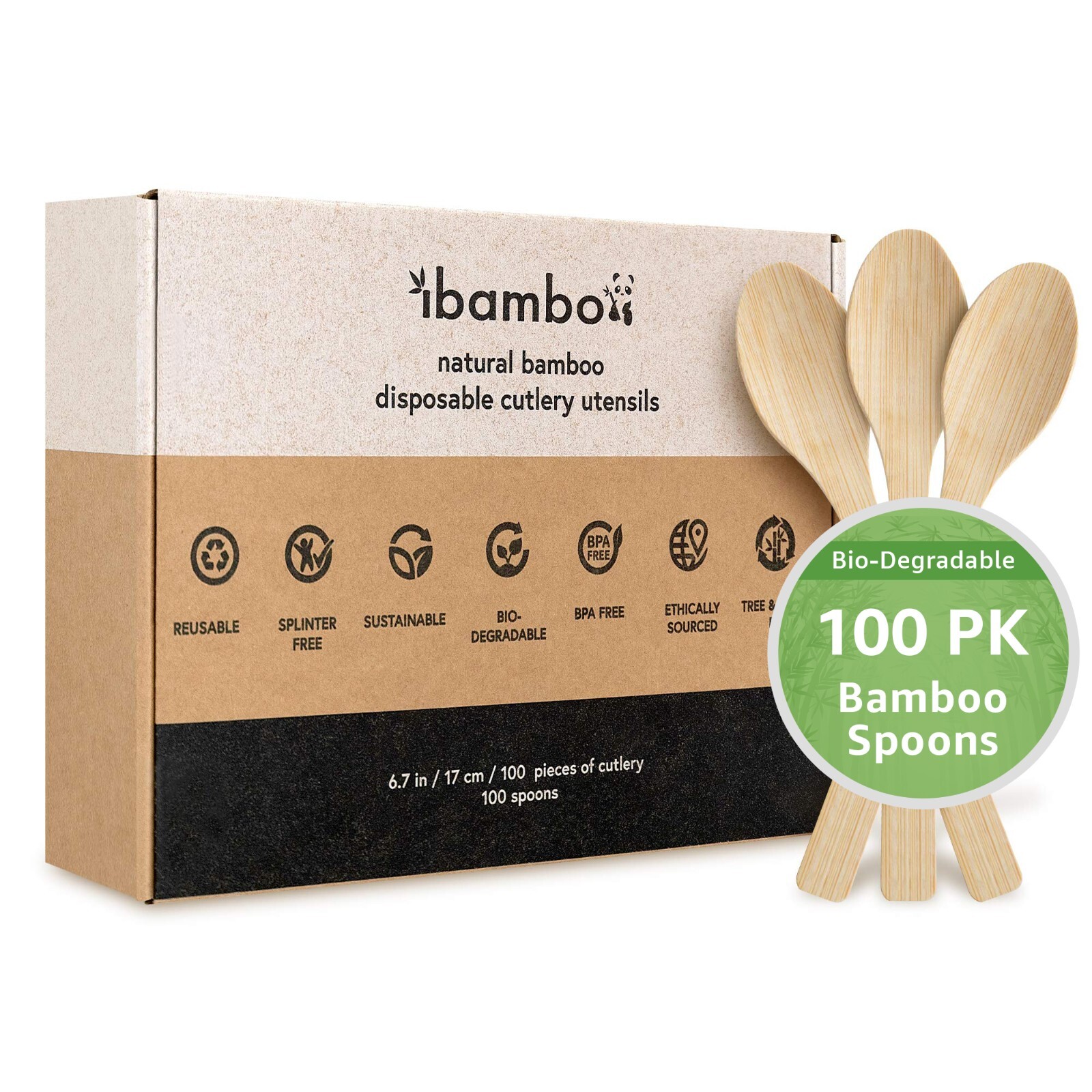 Ibambo 100% Bamboo Spoons – 100 Compostable Spoons, Disposable or Reusable