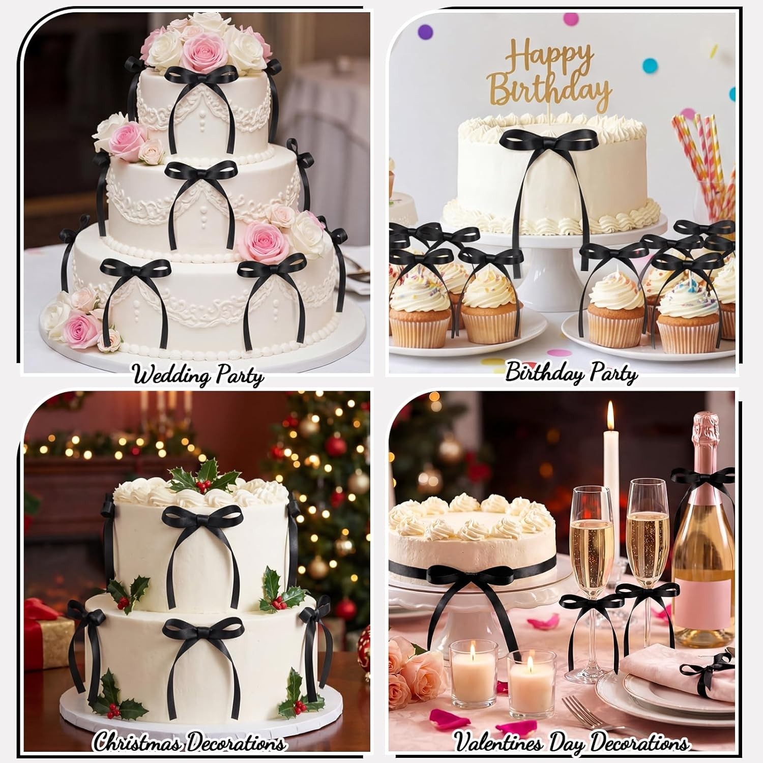 Versatile 30 PC Black Ribbon Bow Cupcake Toppers for All Occasion Celebrations