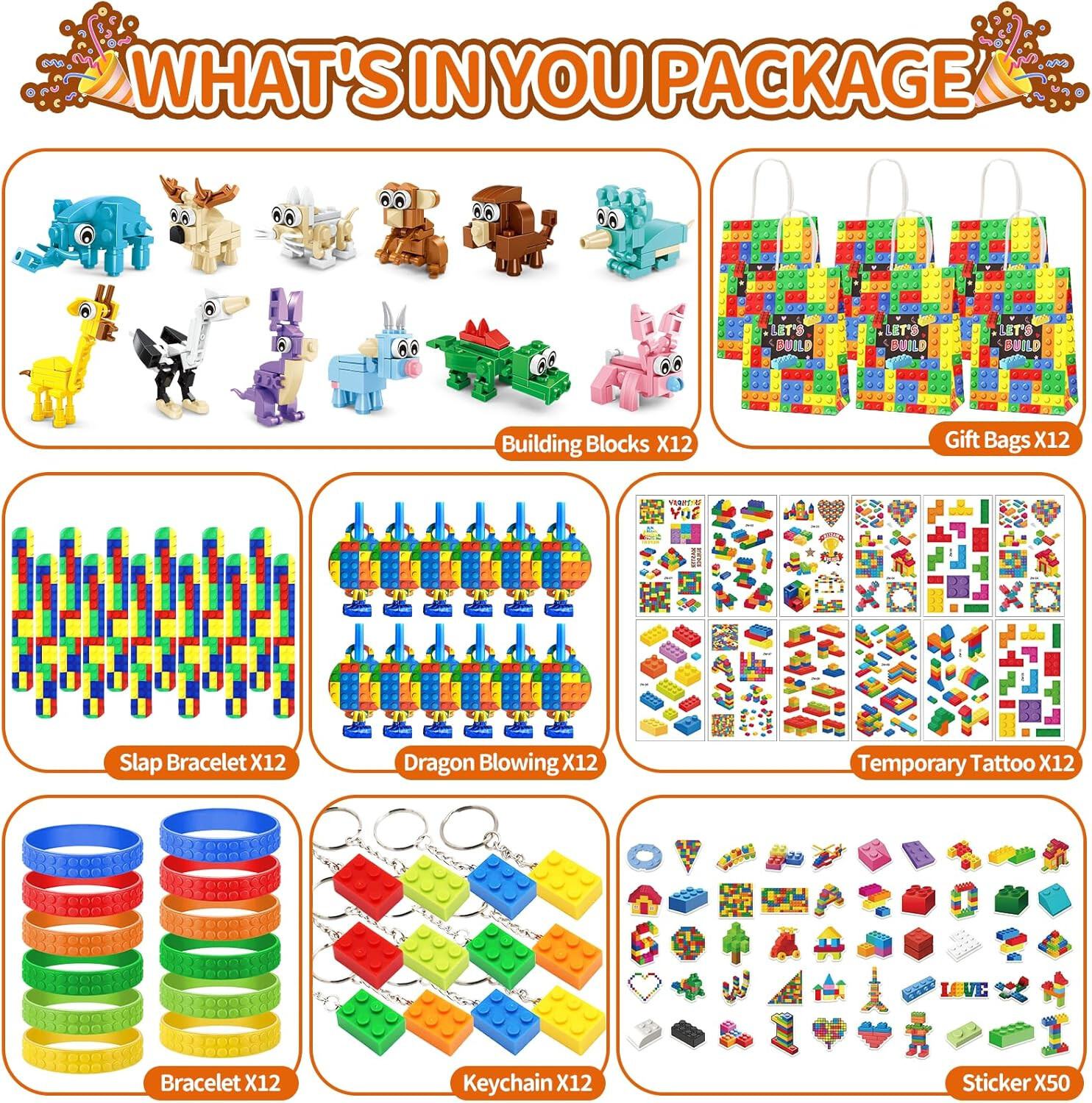 KIds Party Favor Set for 12, Ages 6-12, Building Blocks Theme Favors, 12 Sets