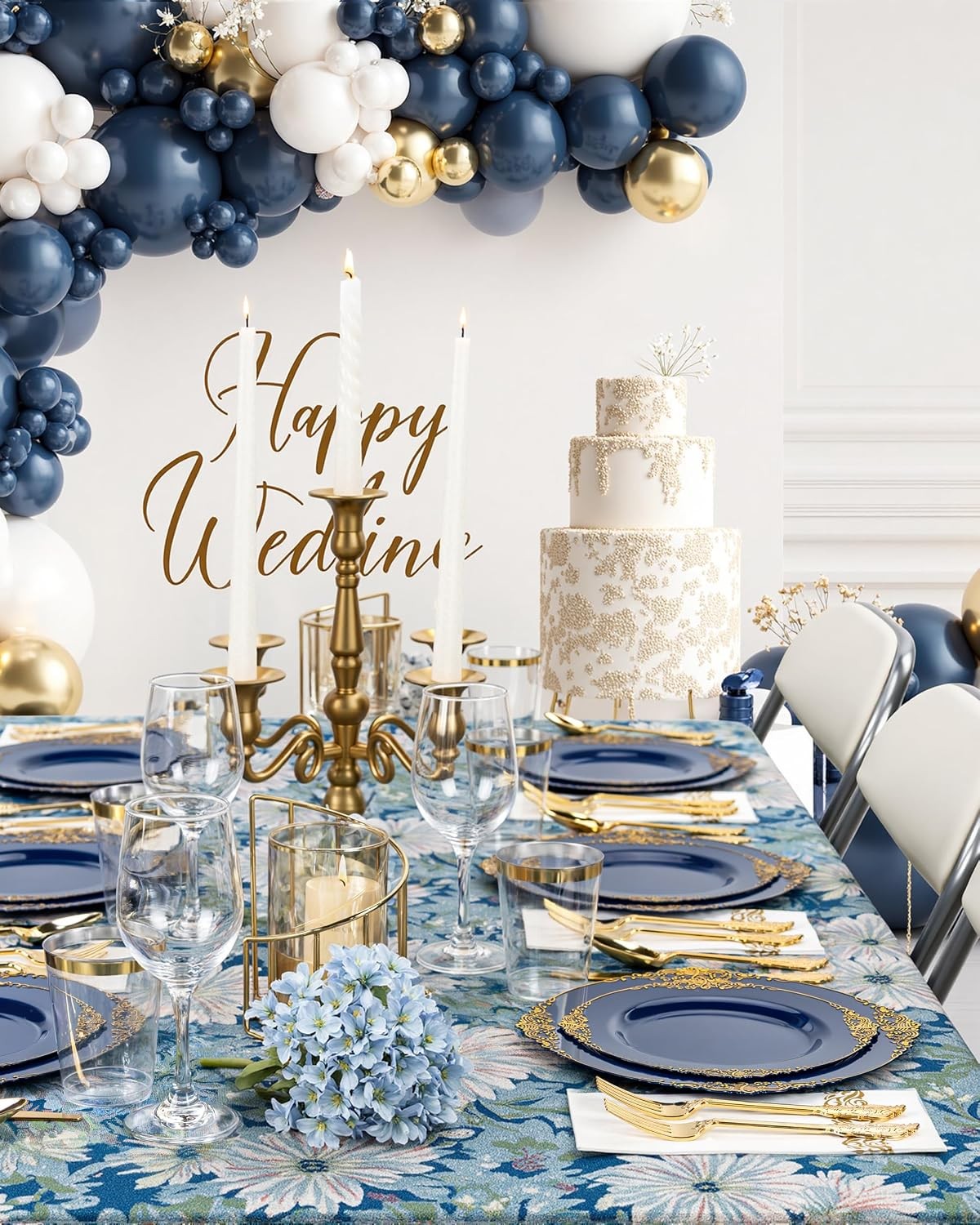 175PCS Blue Plastic Plates – Blue Gold Plastic Dinnerware Set Disposable Include