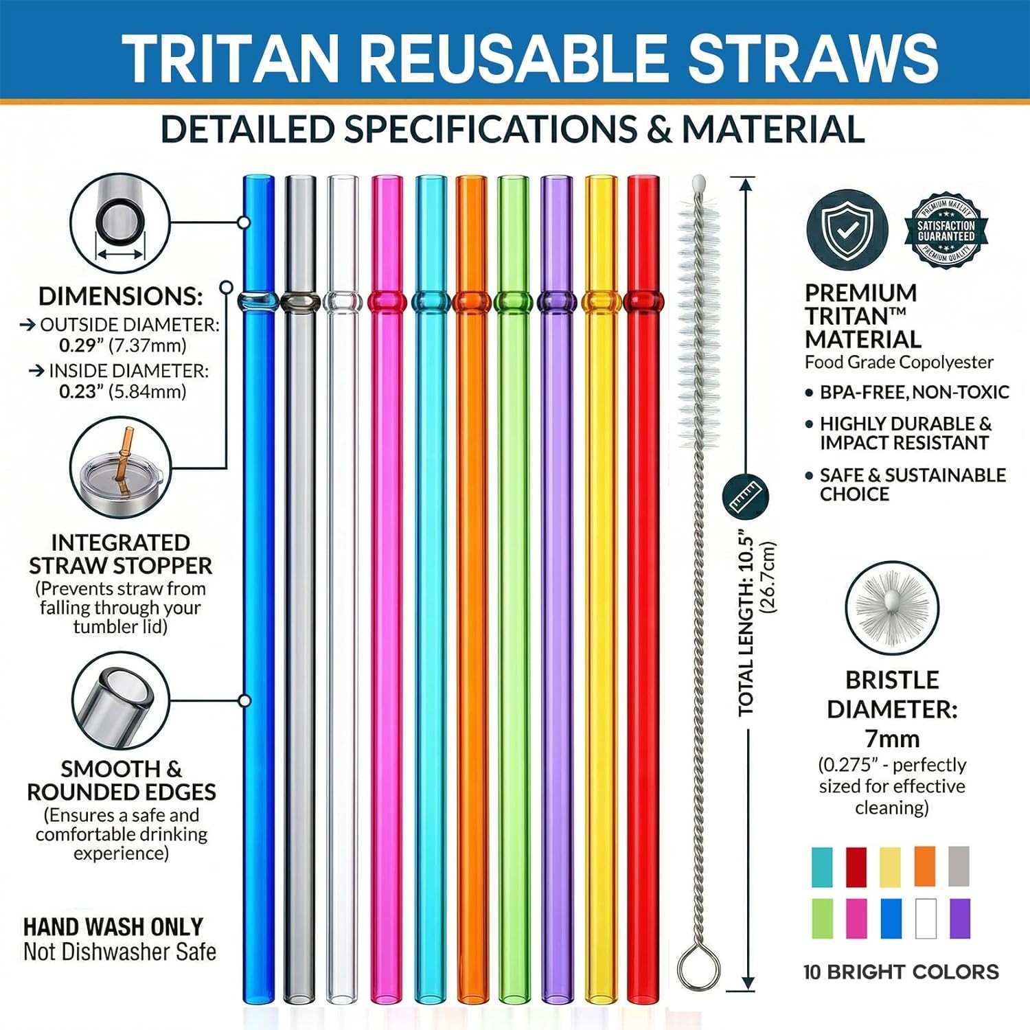 Vibrant Rainbow 10.5-Inch Reusable Straws for Tumblers – BPA-Free & Easy Clean