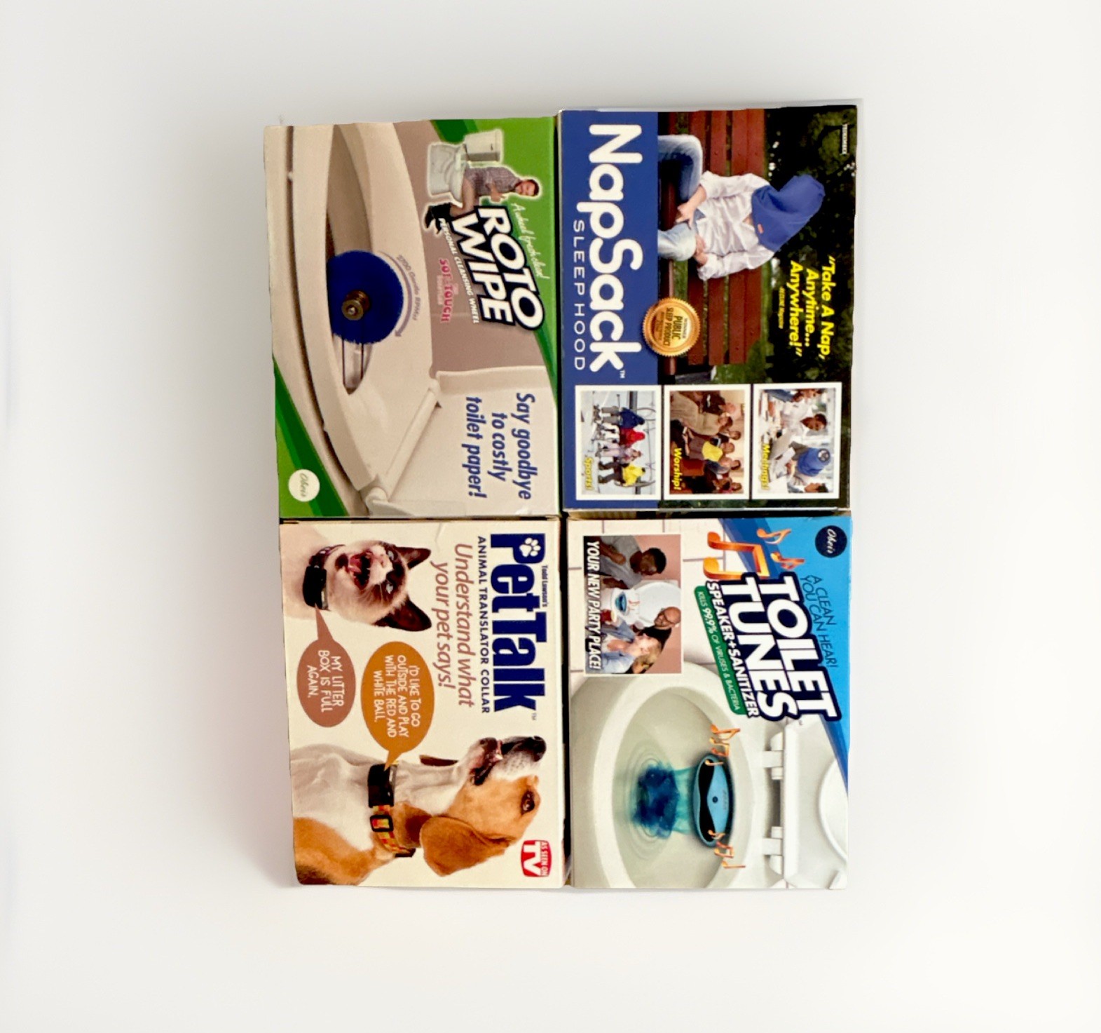 Prank Pack Prank Box Set 4 boxes- Roto Wipe, Nap Sack, Pet Talk, Toilet Tunes