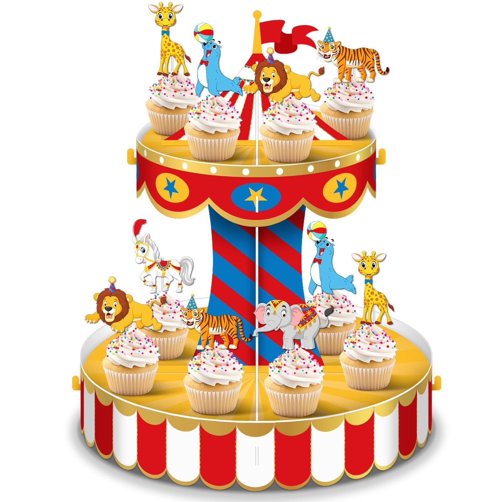 Carnival Circus Cupcake Stand Party Decorations with 24 Cake Decorations Circ…