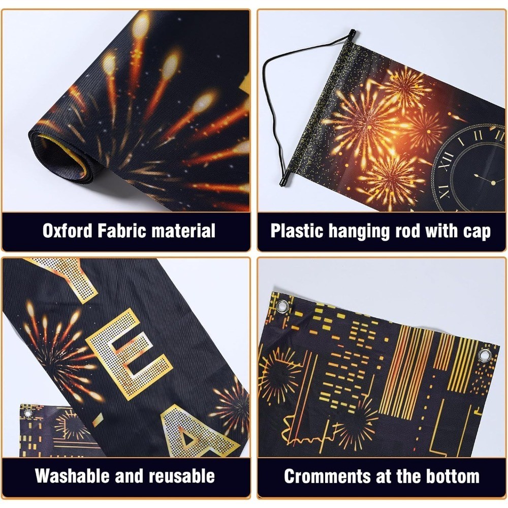 Happy New Year Black Gold Decorations – Front Porch Hang Door Banners, New Year