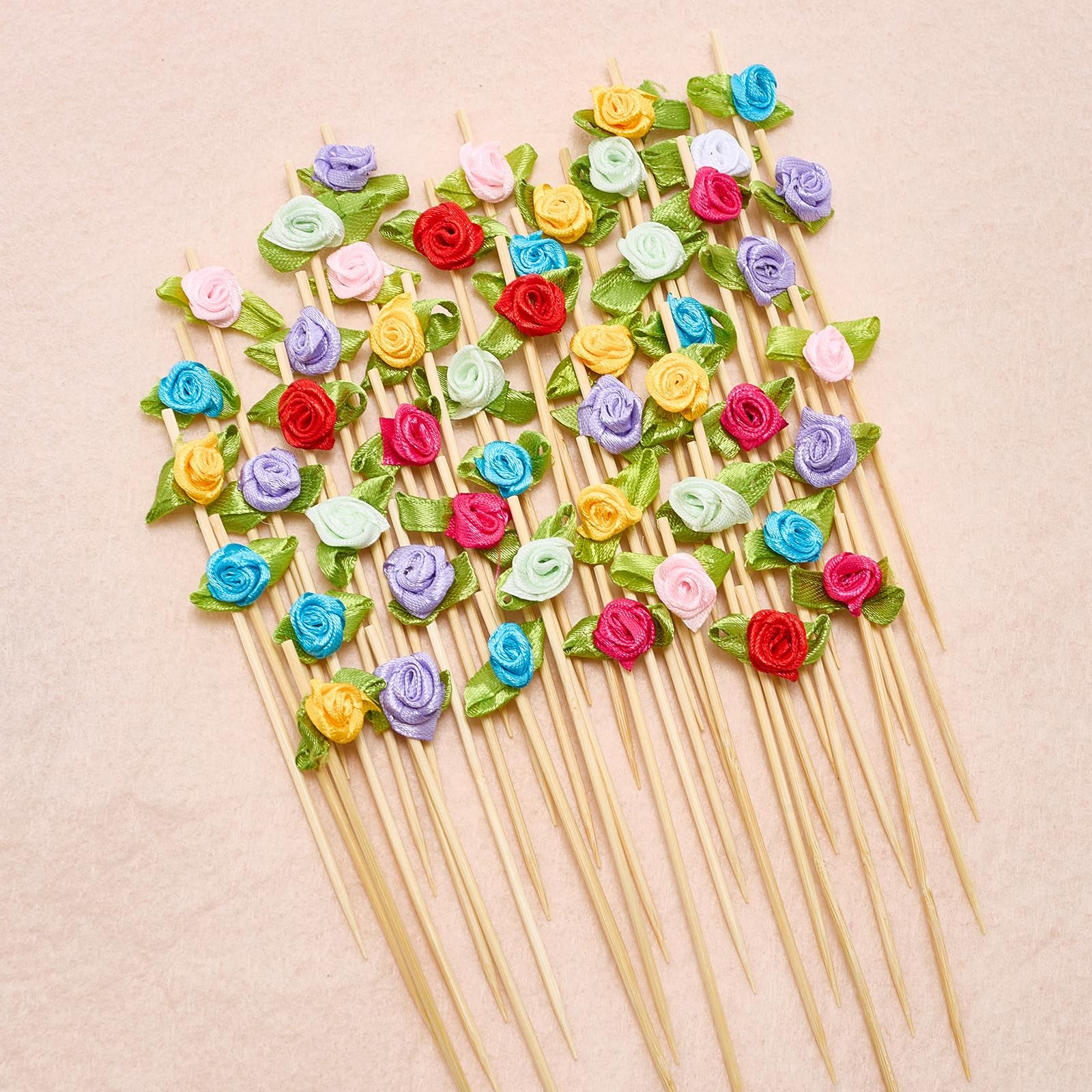 100 Counts Rose Flower Cocktail Picks 4.7 Inch Multicolor Cute Bamboo Toothpi…