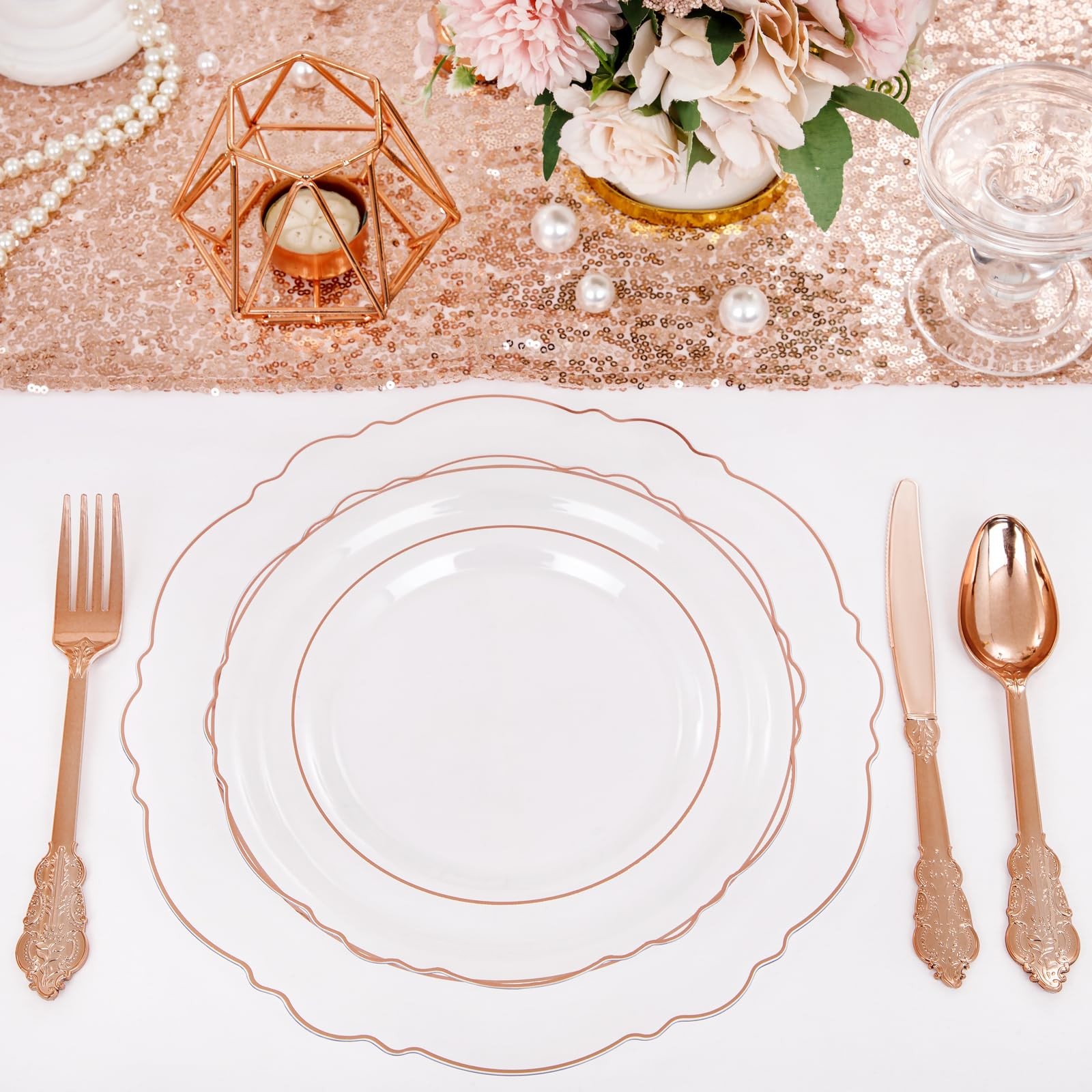 100pcs Rose Gold Plates Plastic Disposable – Baroque Clear and Rose Gold Plat…