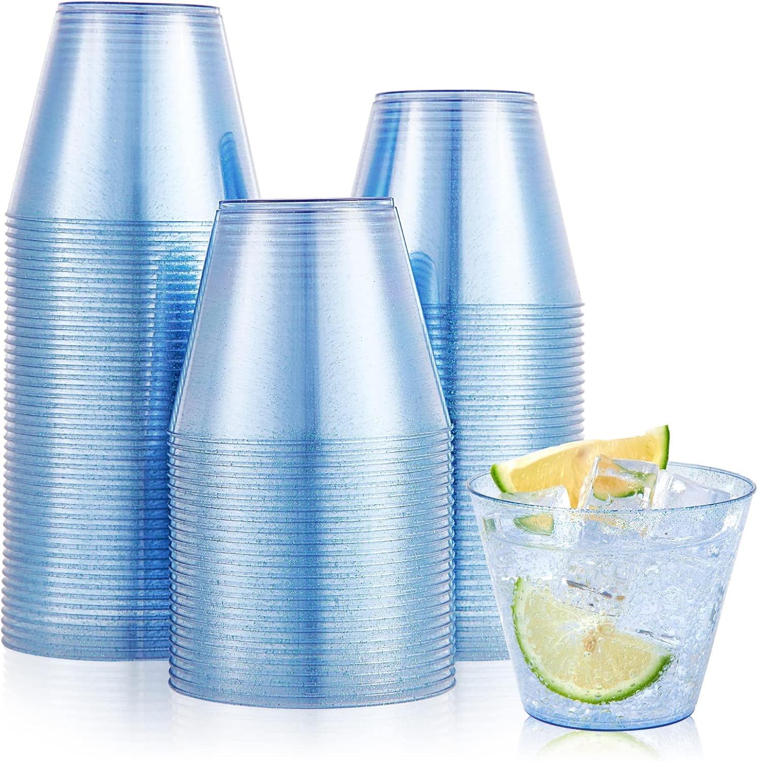 100 Pack 9 oz Blue Plastic Cups, Disposable Cups Tumblers, Elegant Blue Glitter