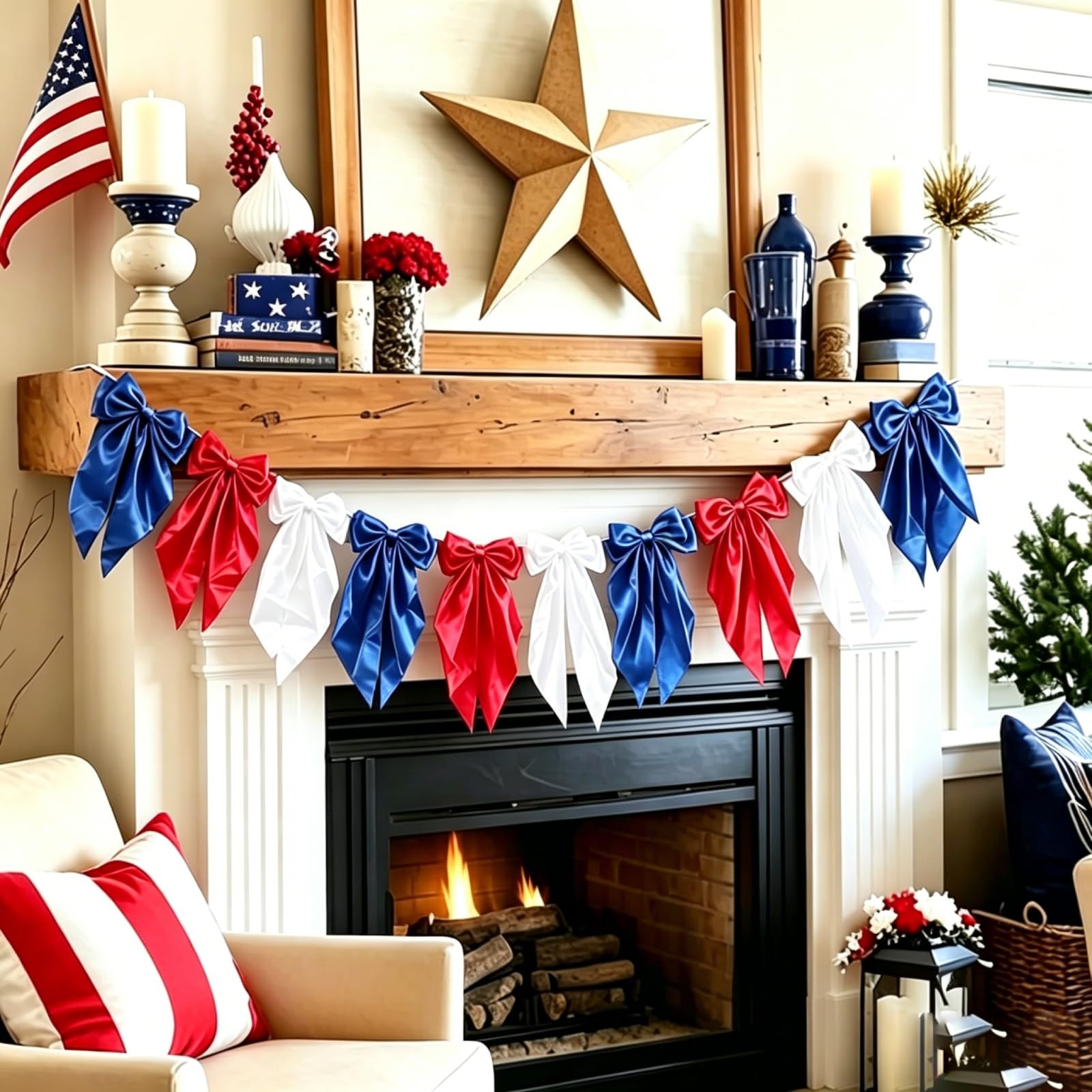 4th of July Decorations 6.6Ft Patriotic Bow Garland White Red Blue Silk Satin Ri