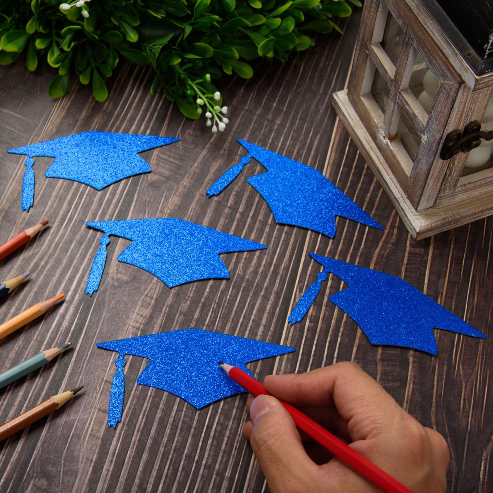 50 PCS Blue Glitter Graduation Cap Cutouts Class Of 2026 Table Confetti