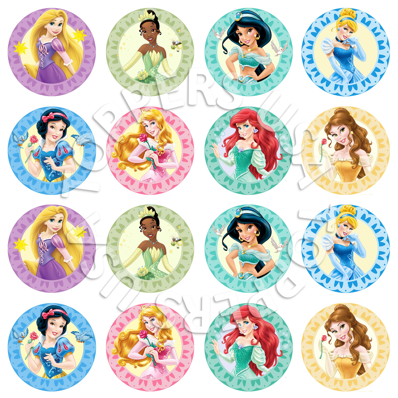 16x EDIBLE Disney Princess Assorted Cupcake Toppers Wafer Paper 4cm (uncut)