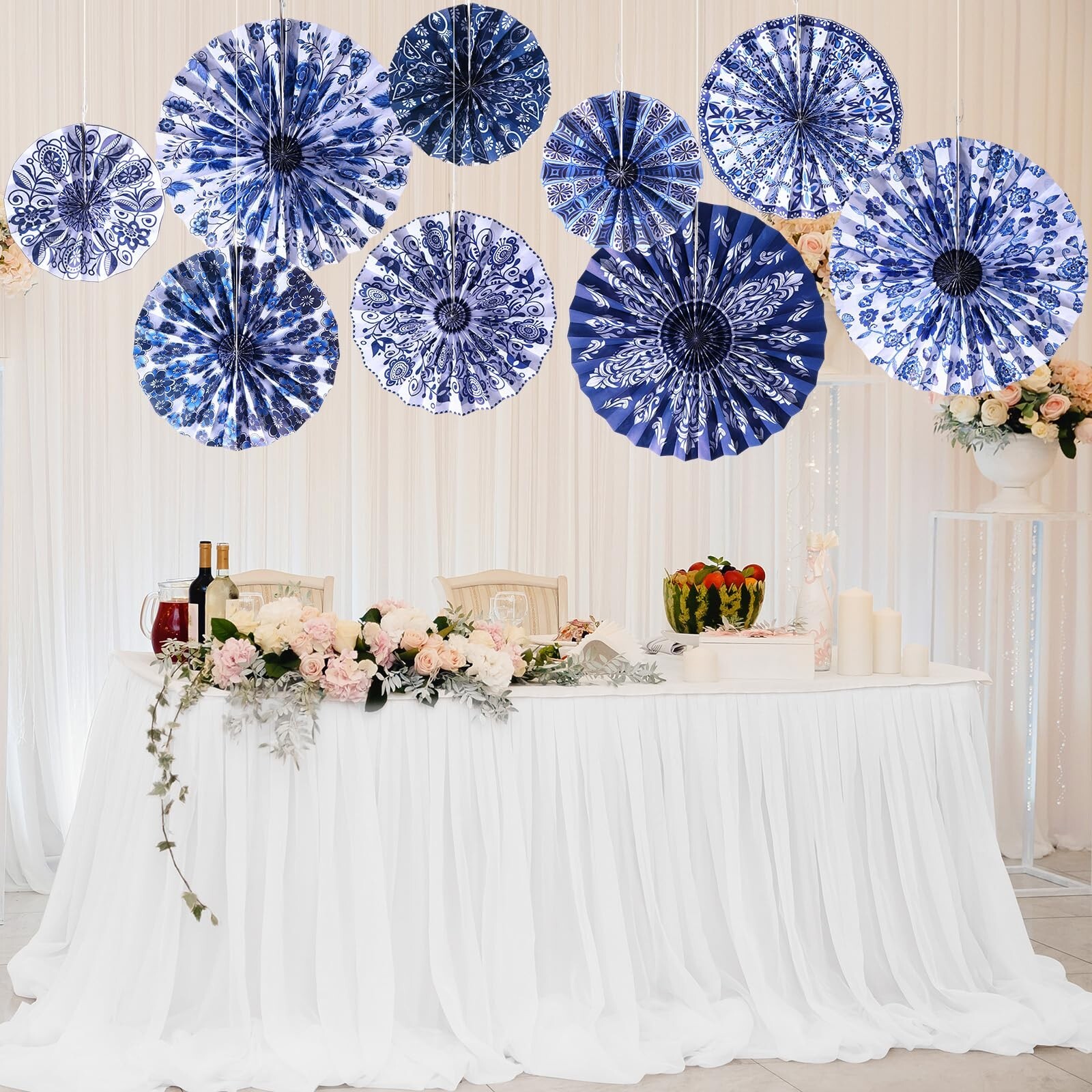 9 Pcs Chinoiserie Hanging Paper Fans Decorations Blue and White Porcelain Pri…