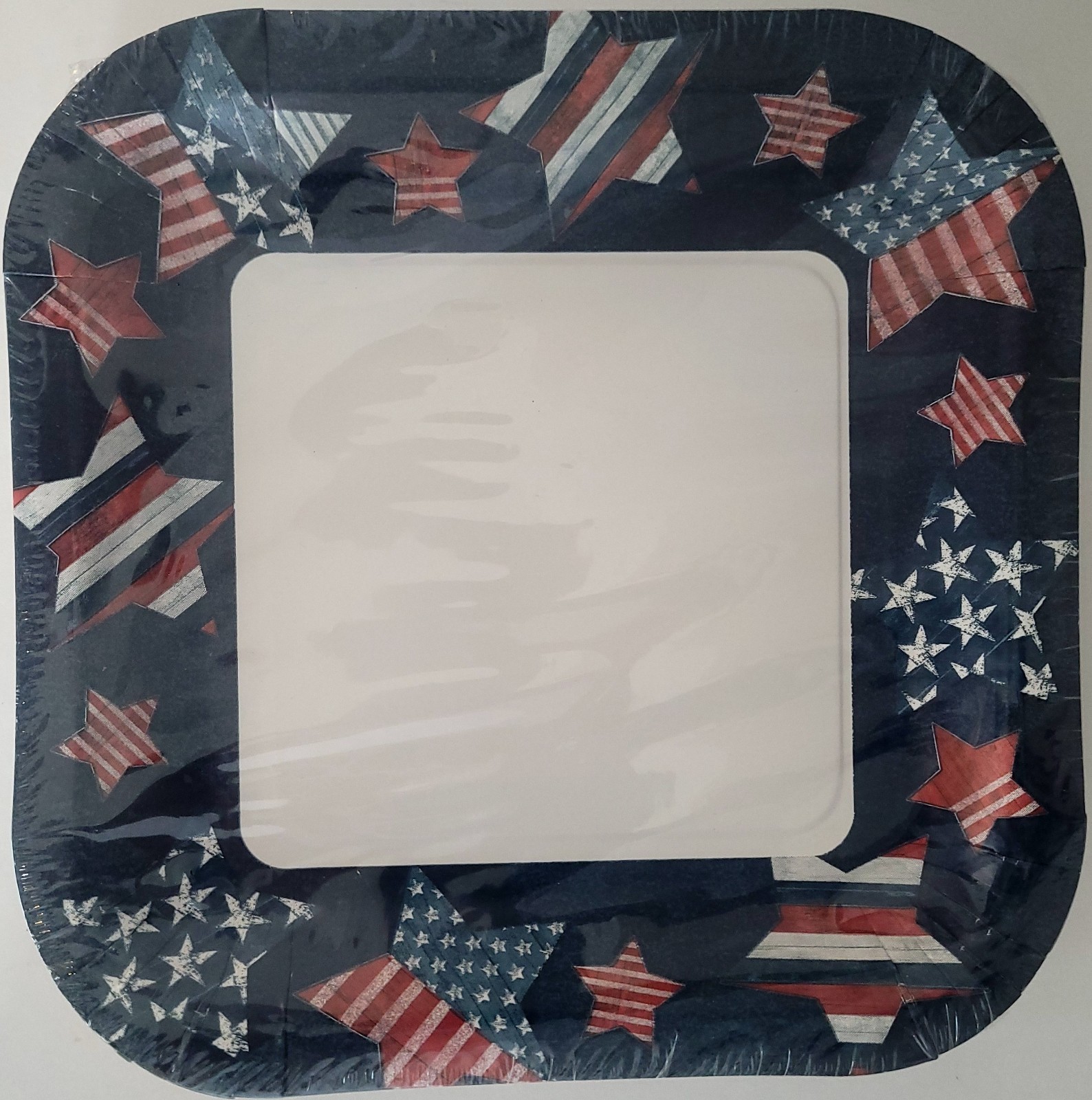 PATRIOTIC AMERICAN PAPER PLATES ‘Stars on Dark Blue’ Trim, 9” Square 12/Pk