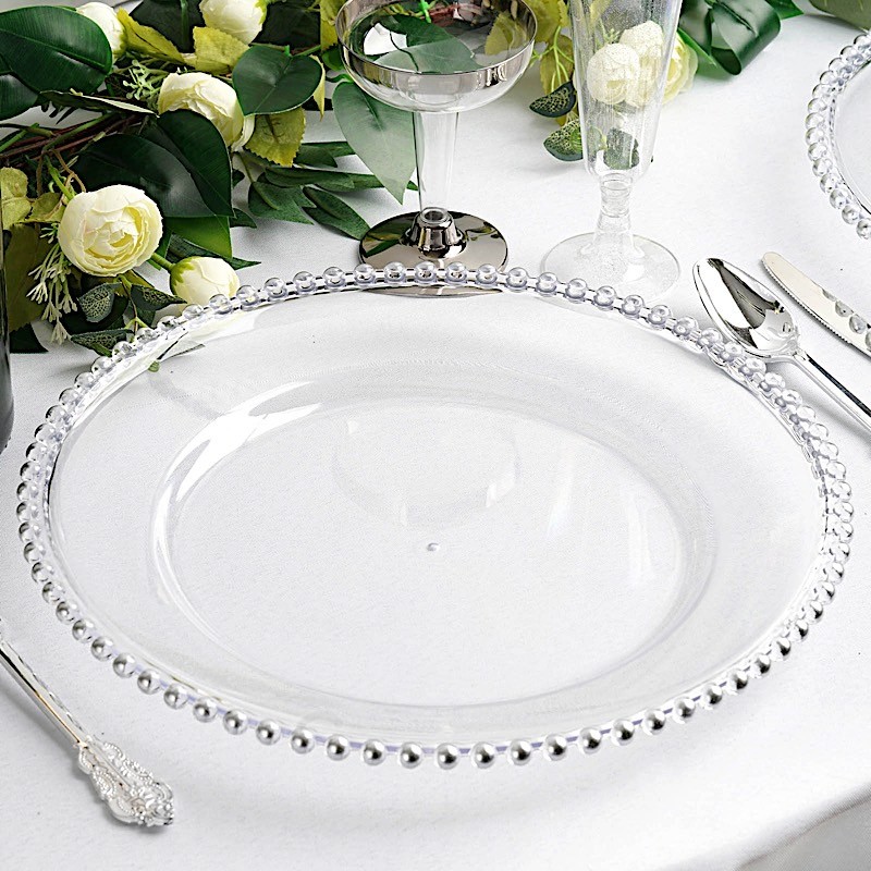 24 CLEAR SILVER 12″ Round Beaded Rim Charger Plates Wedding Reception Light Gray