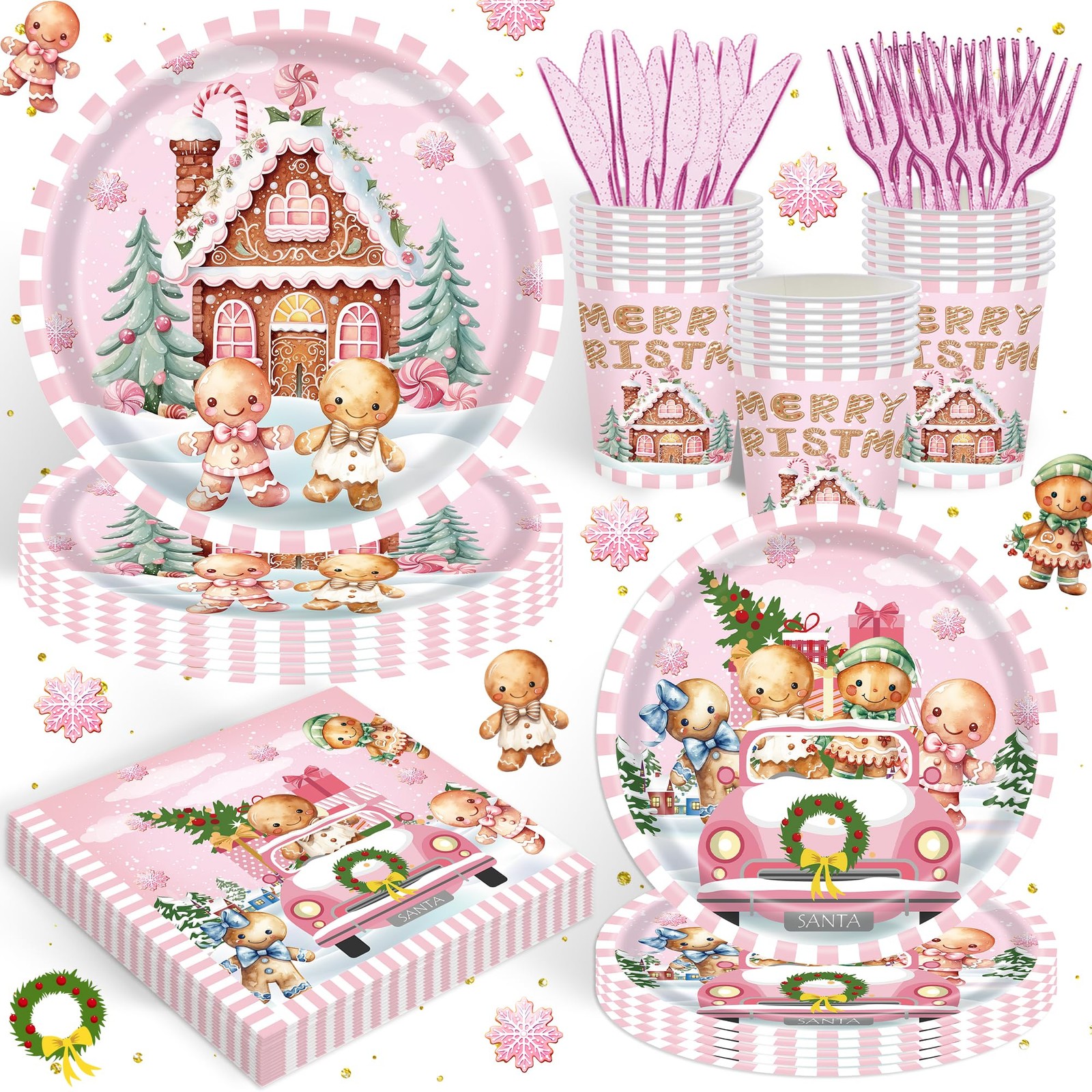 120PCS Christmas Gingerbread House Party Supplies for Kids Child Pink Merry X…