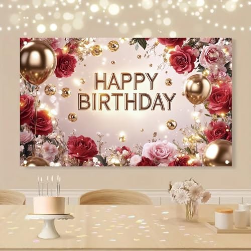 Red and Gold Happy Birthday Backdrop Banner Elegant Photography Rose Floral