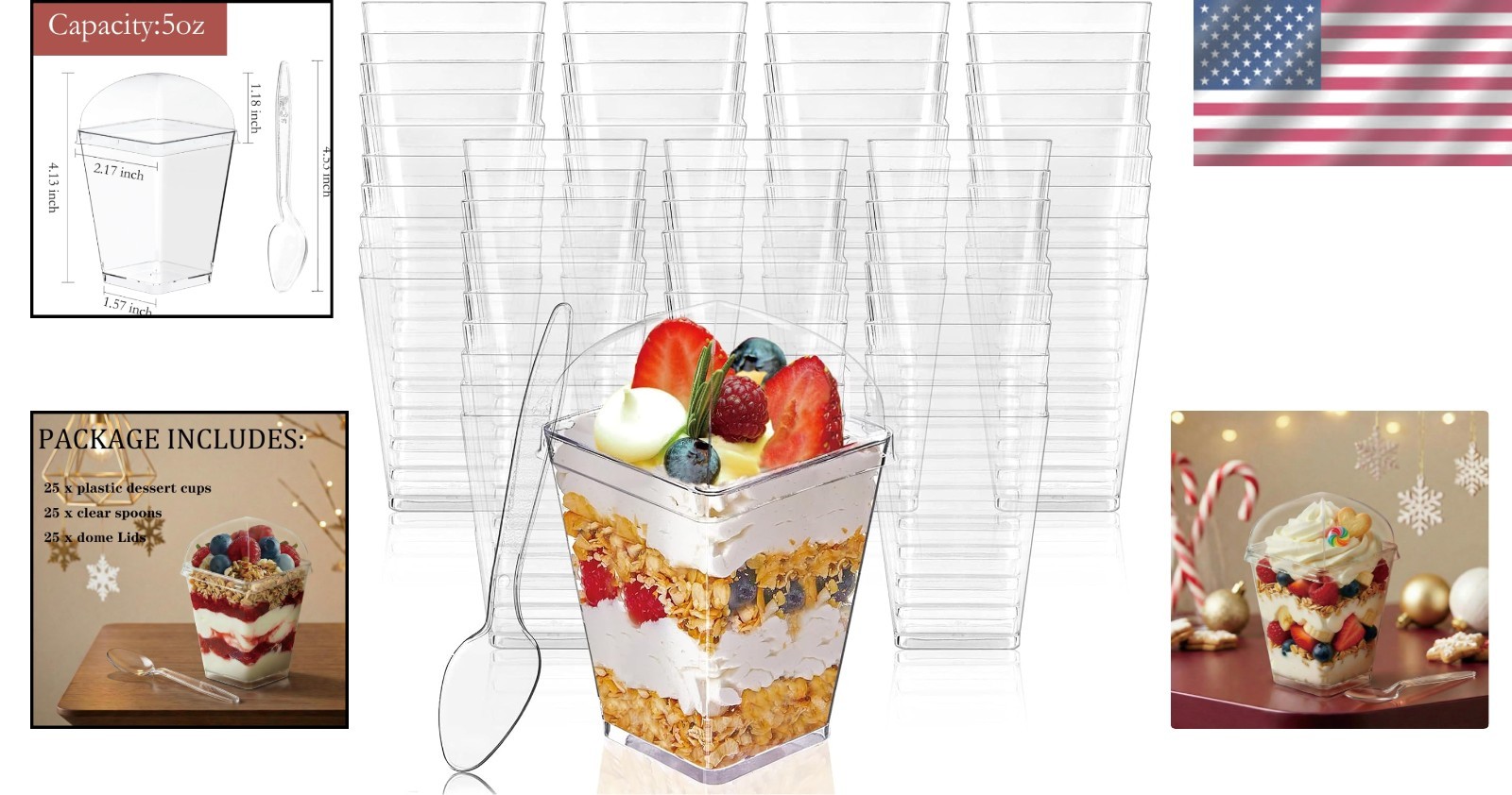 5oz Plastic Dessert Cups with Lids & Spoons 25-Pc Square Parfait Shot Glasses