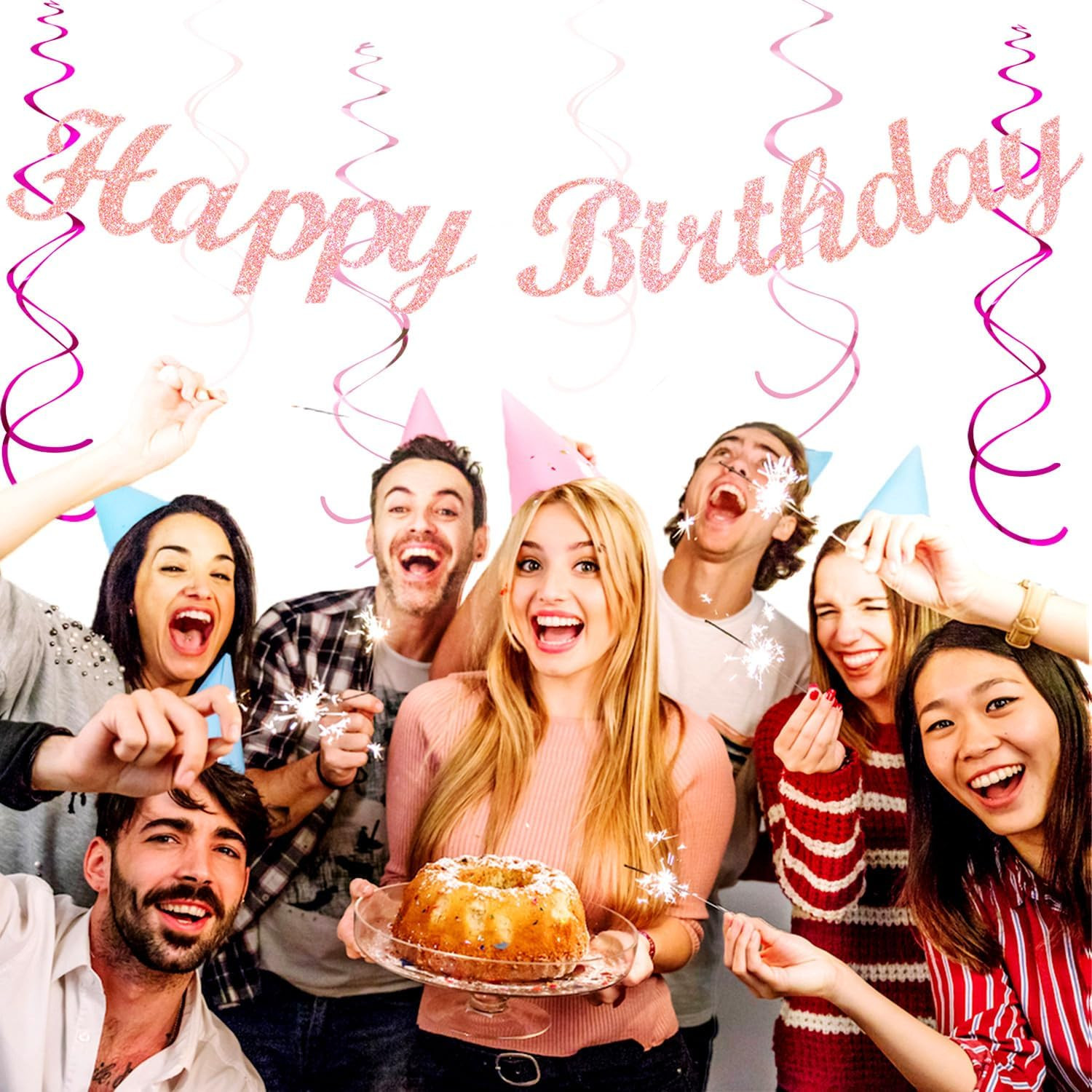 Light Hot Pink Birthday Party-Decorations – 21Pcs Girl Happy Banner,Paper Lanter