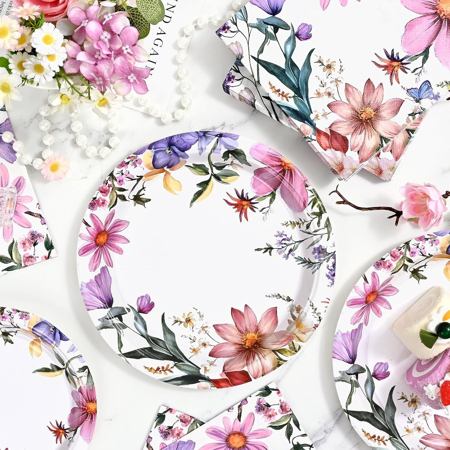 100 Piece Summer Floral Disposable Contemporary Multicolor Set (Plates, Napkins)
