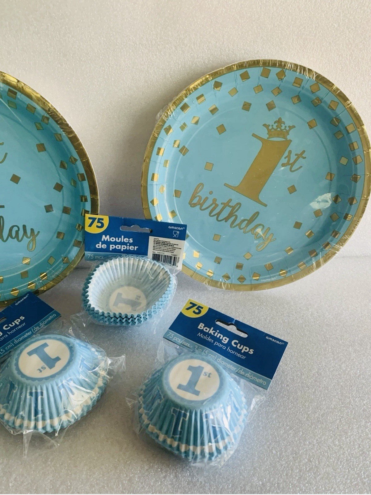 Boy First 1st Birthday Party Blue Teal Gold King Paper Plates and Napkins Lot