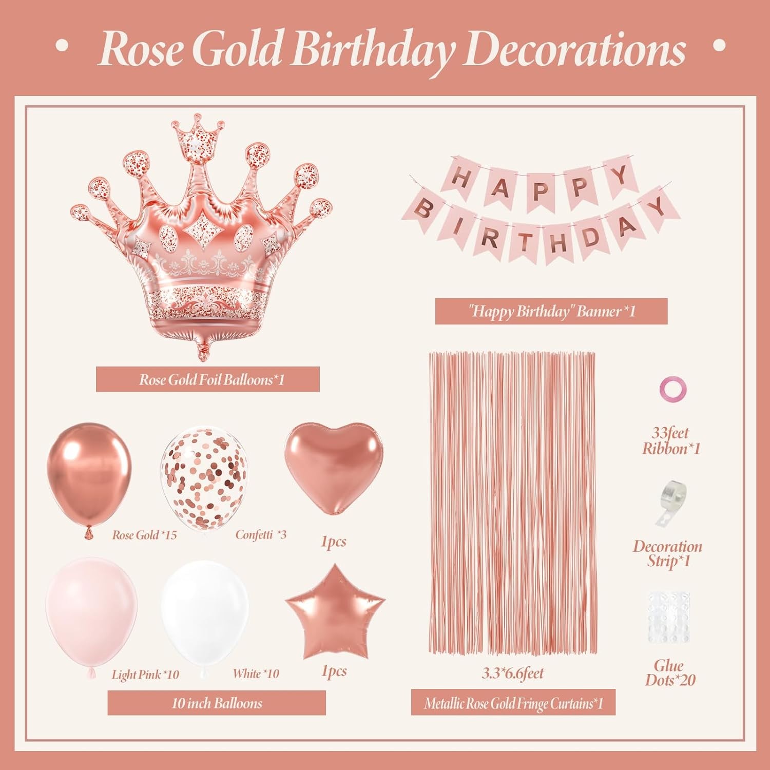 Rose Gold Happy Birthday Party Decorations for Women Girls, Happy Birthday Ba…