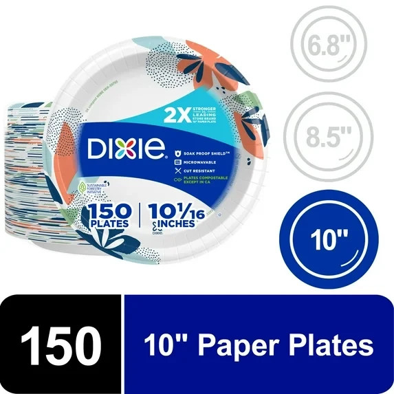 Dixie Disposable Paper Plates, 10″, Multi-Color, 150 Count