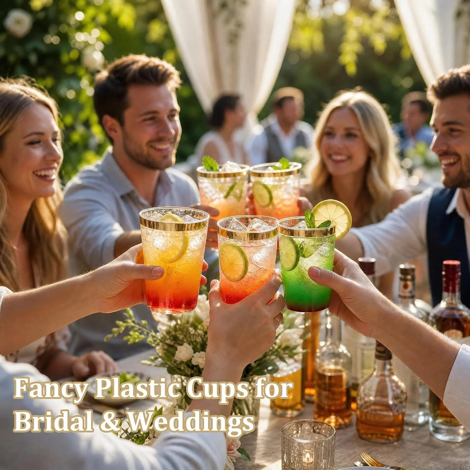 DaYammi 200 Pack Gold Plastic Cups 10 Oz Clear Cup Gold Rimmed Disposable Wine G