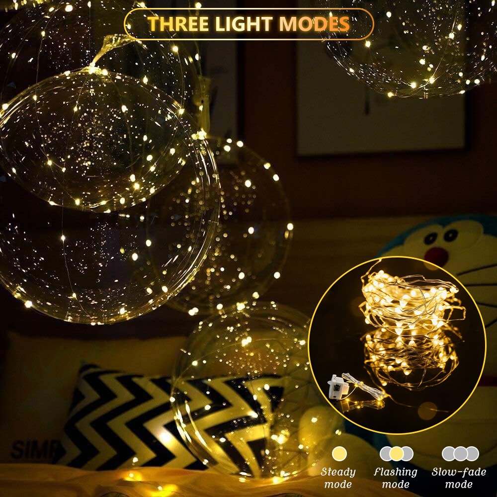10-50 Pack LED Balloons Clear Bubble Bobo Light Up w/Warm White Lights for Party