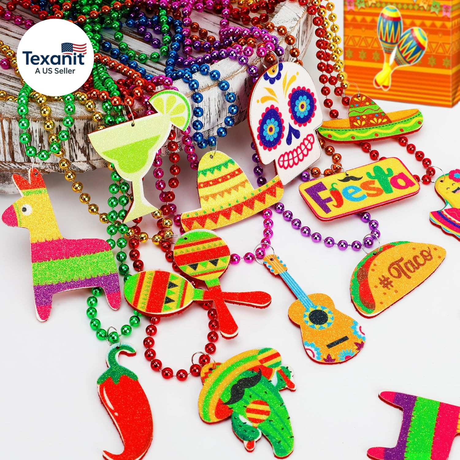 Cinco De Mayo Party Favors, 12PCS Fiesta Necklace Bead Favors, Mexican Metallic
