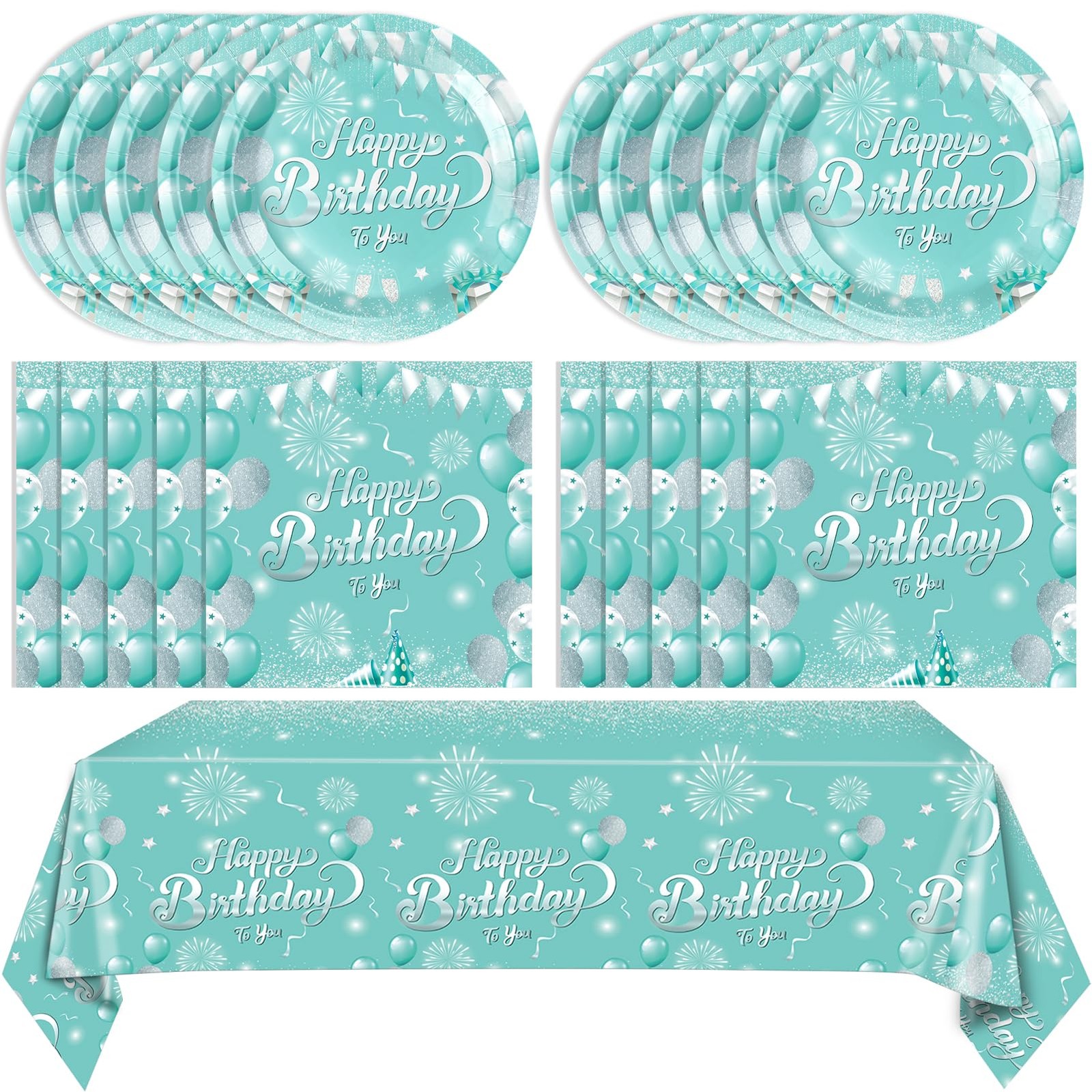 41Pcs Teal Birthday Decorations for Women Girls Teal Silver Tableware Set Party