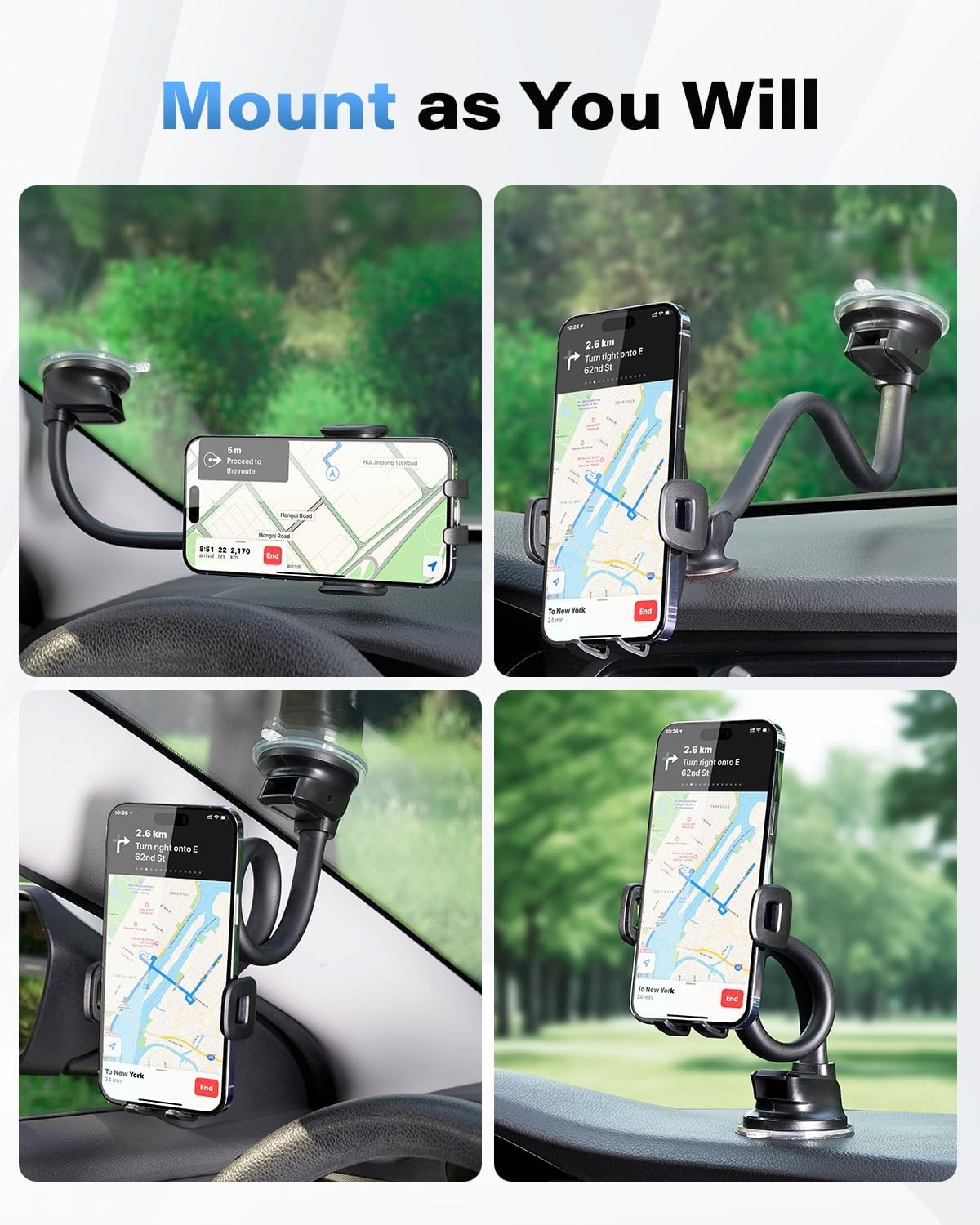 1Zero Solid Car Truck Phone Mount Holder with 14-Inch Gooseneck Long Arm, Windsh