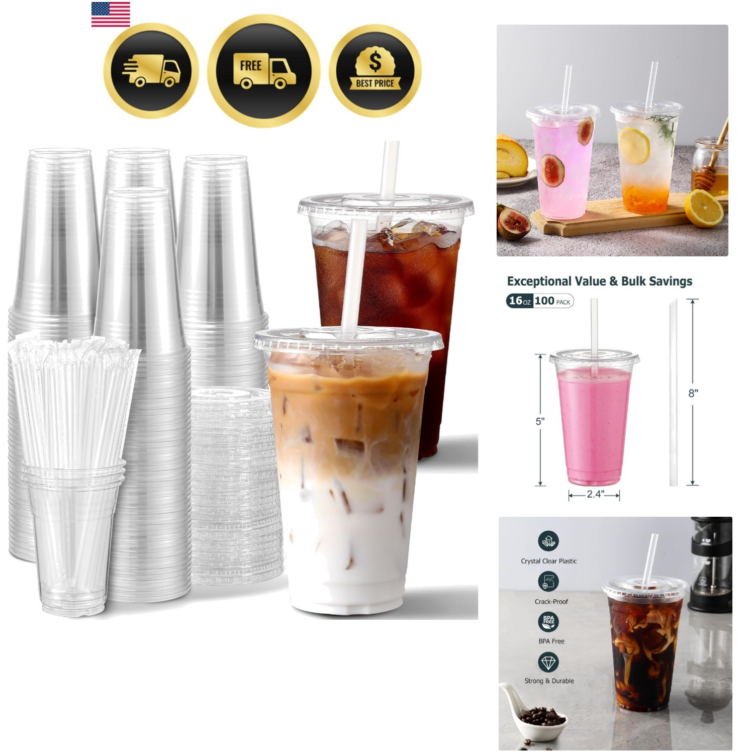 100 Sets] 16 oz Clear Plastic Cups With Lids and Straws, Disposable Cups With…