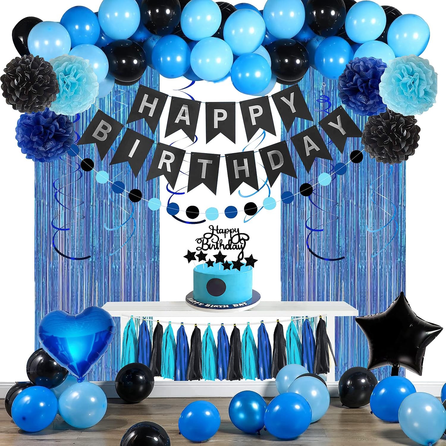 Blue and Black Happy Birthday Party Decorations kit for Boys Men Women with H…