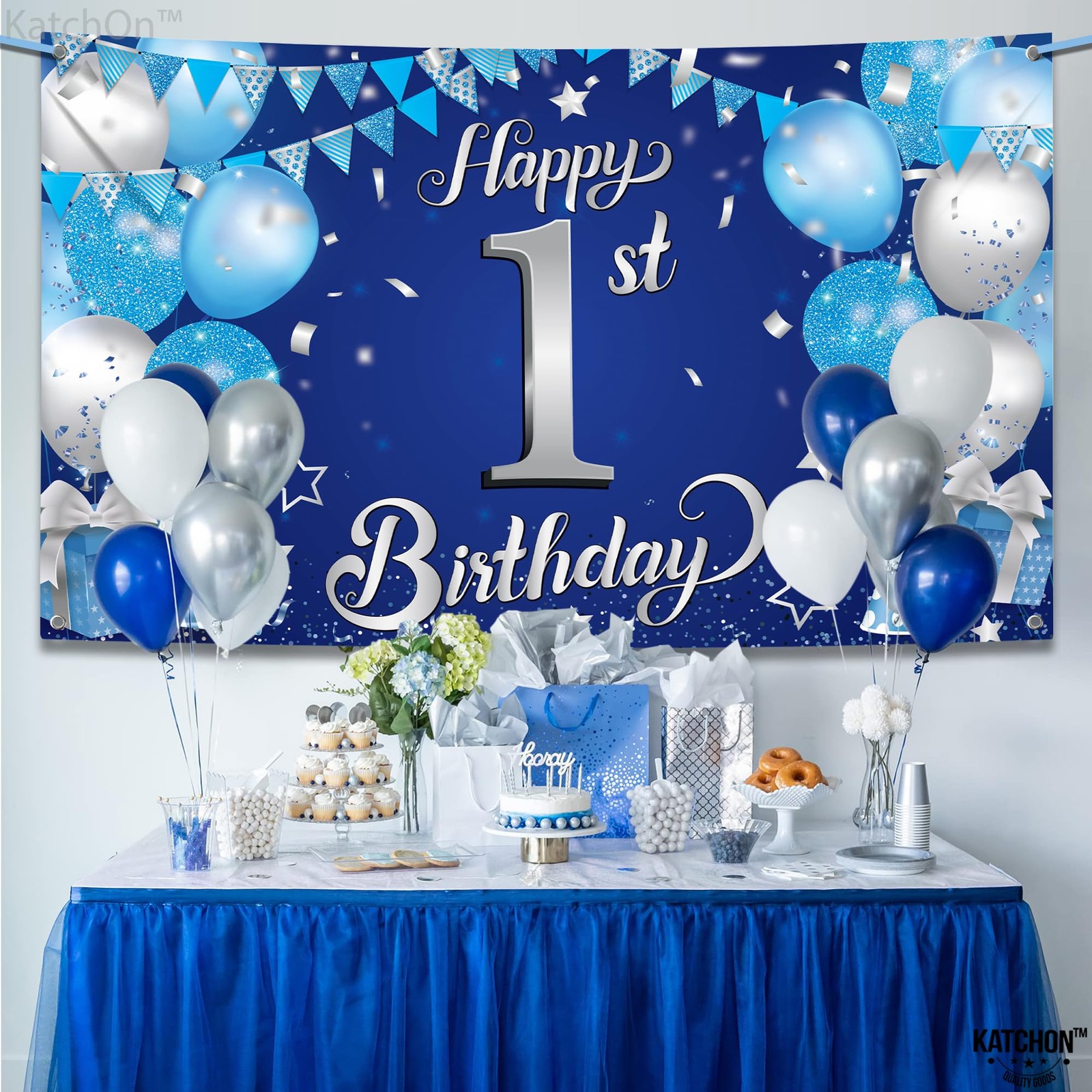 Happy 1st Birthday Banner Boy – 72×44 Inch, Xtralarge | Blue and Silver 1st Bir