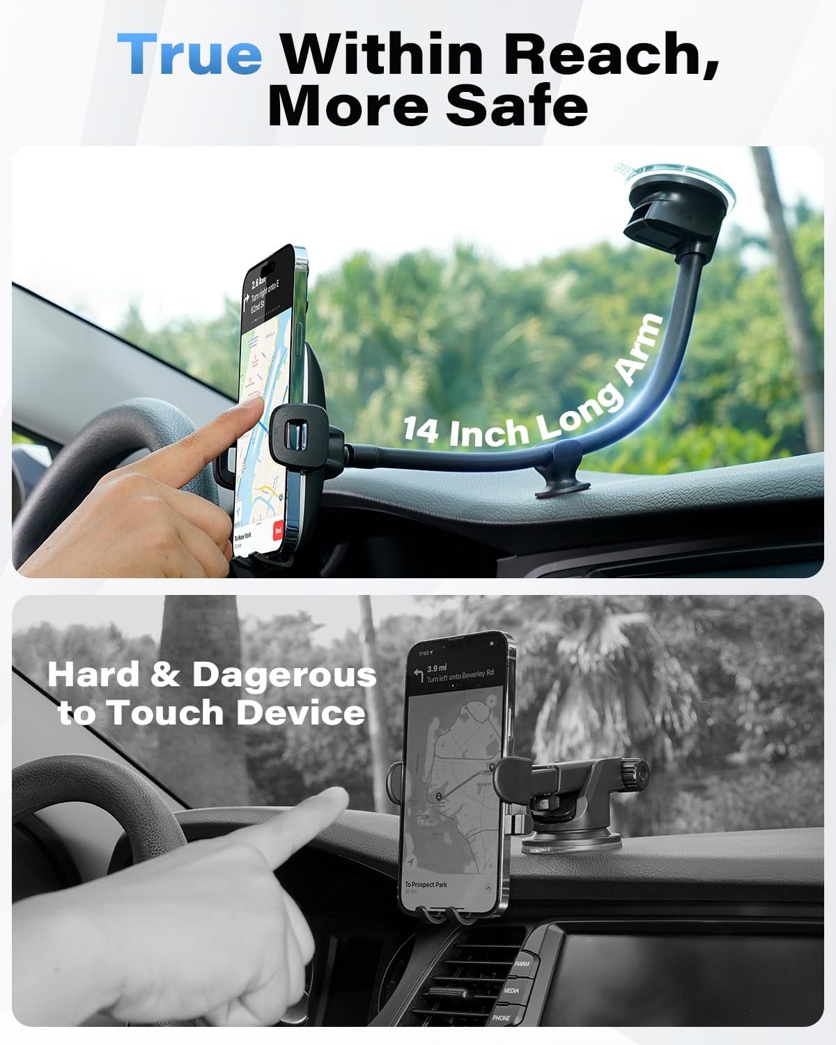 1Zero Solid Car Truck Phone Mount Holder with 14-Inch Gooseneck Long Arm, Windsh