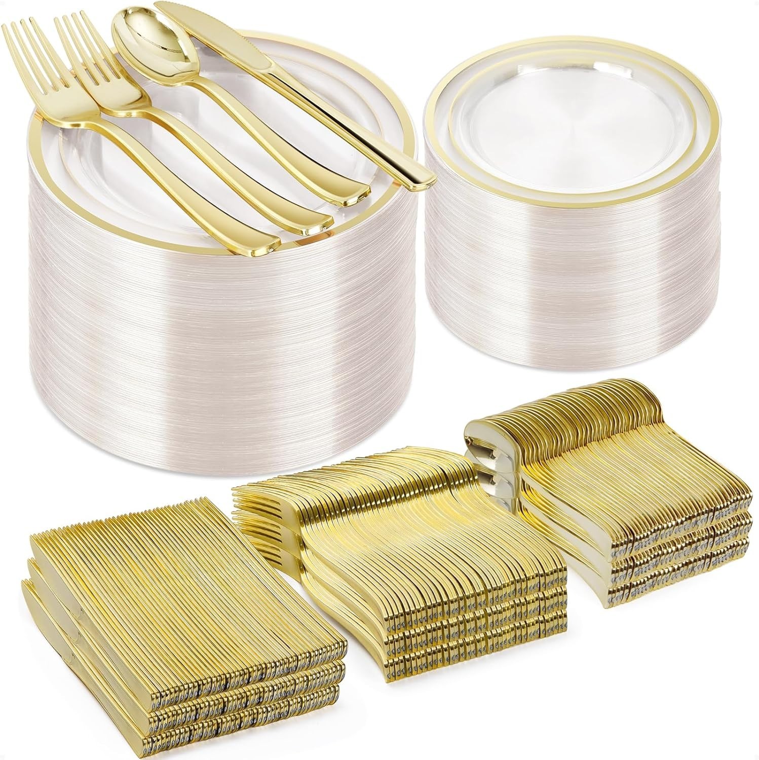 Clear Plastic Plate Set Knives Forks and Spoons and Plates in 2 Sizes 600 pC.