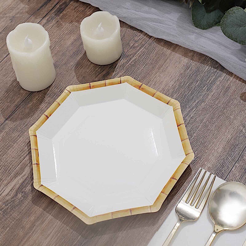 25 White Octagon Disposable Dinner Paper PLATES Natural Bamboo Print Trim Party