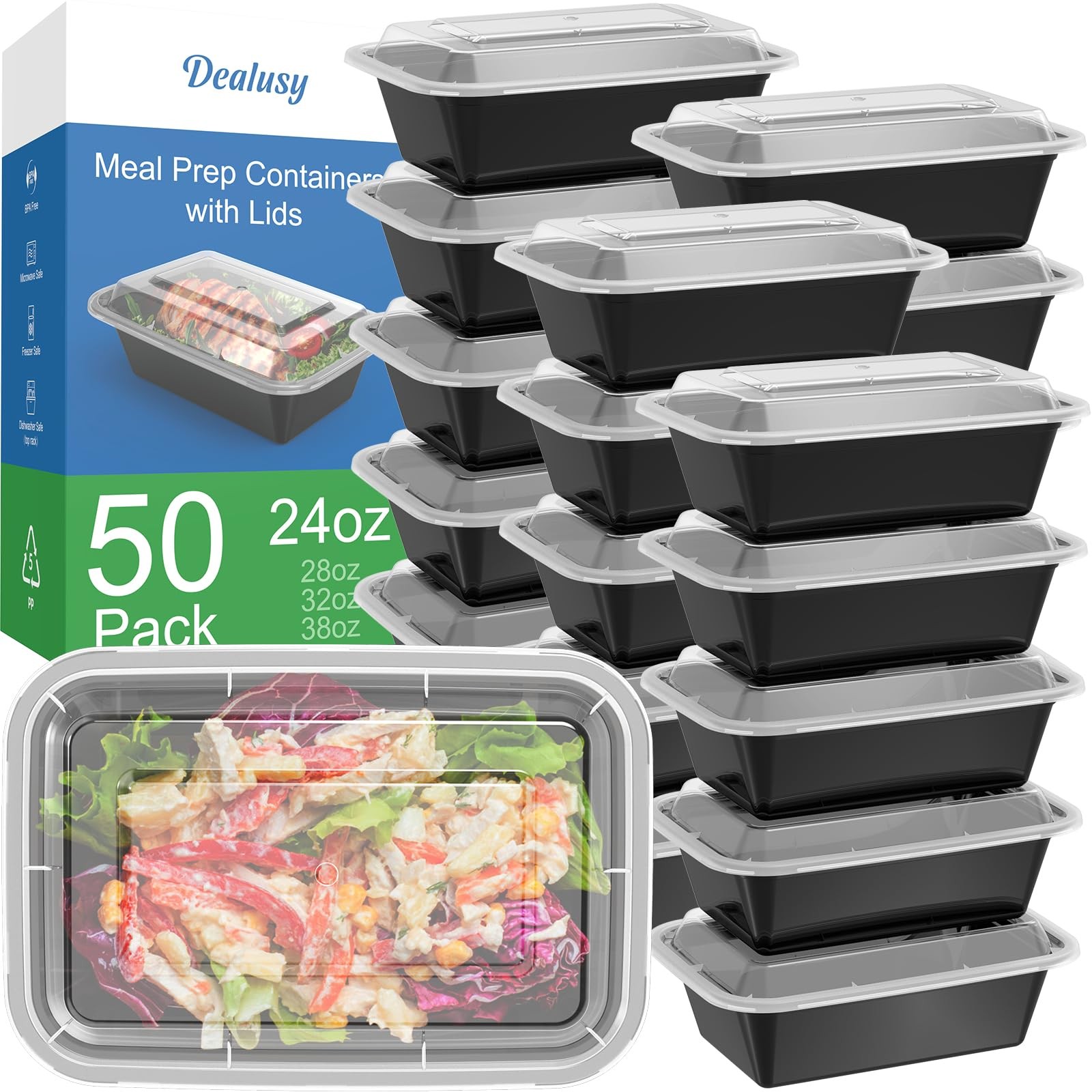Dealusy 50 Pack (100-Piece) 24 oz Meal Prep Containers Reusable with Lids, Sturd