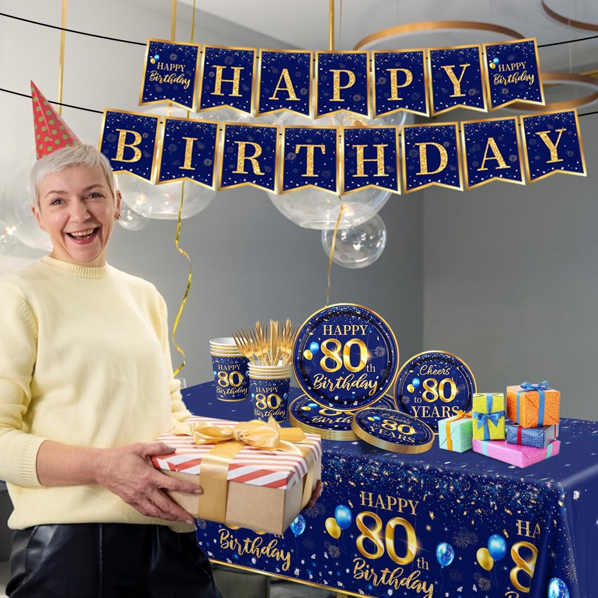 80th Birthday Decoration Men-142pcs Navy Blue and Gold Birthday Tableware Set…
