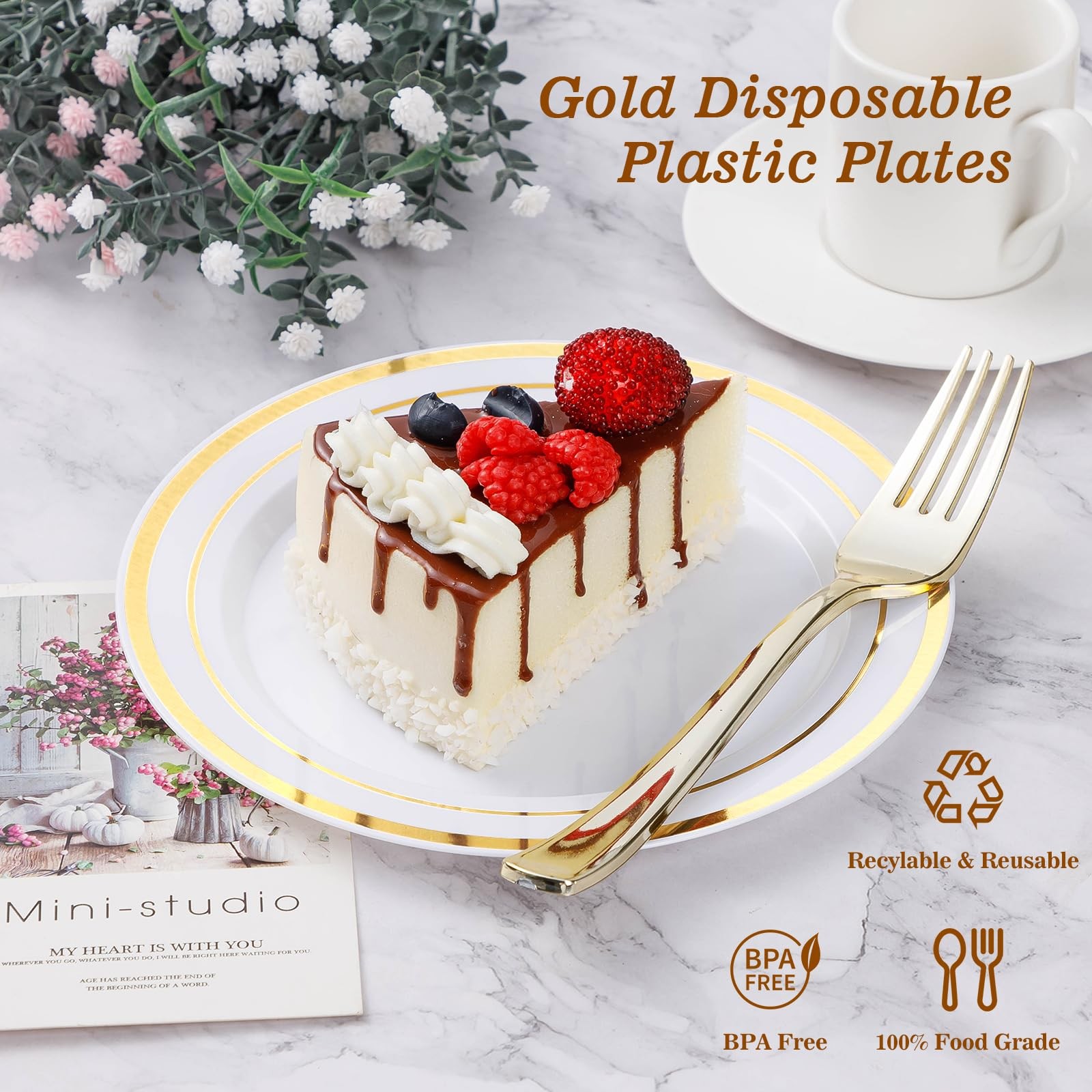 100PCS Gold Plastic Plate, 7 Inch Disposable Dessert Plate Party with Gold Ri…