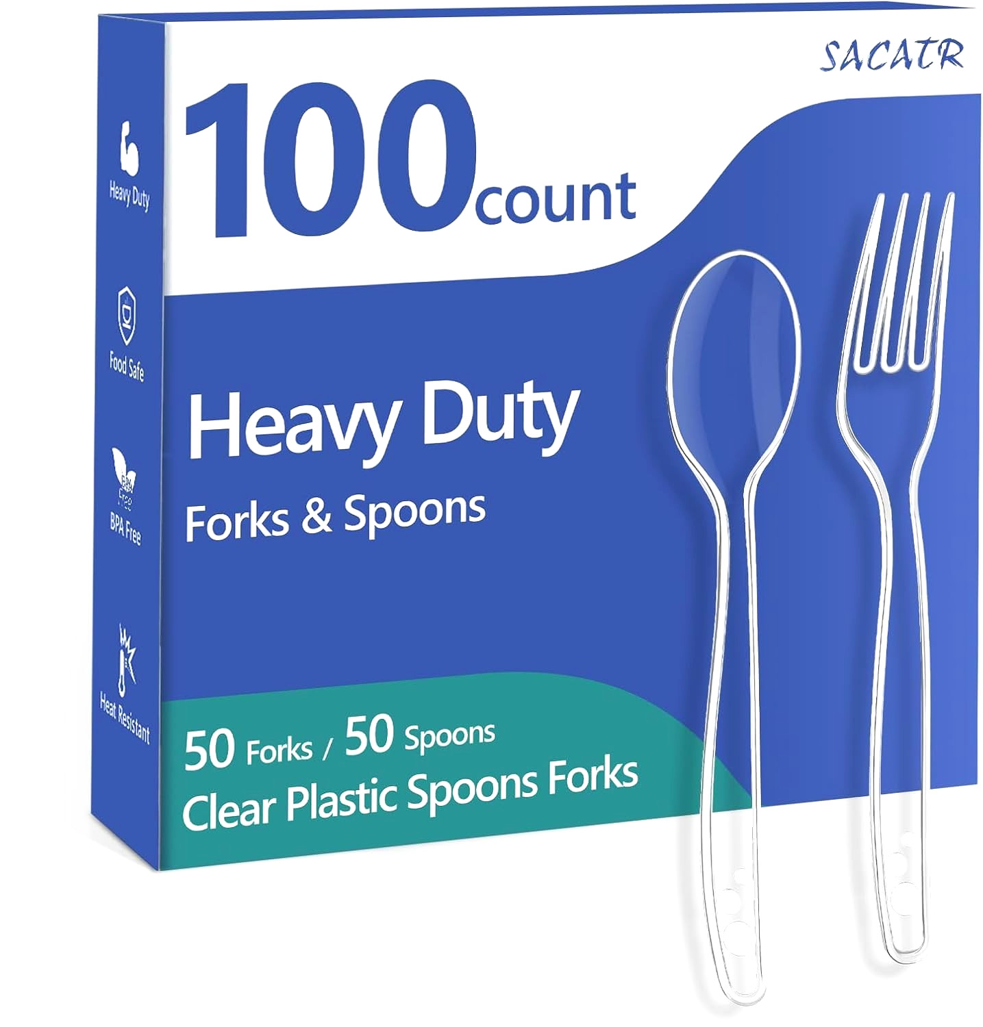 100 Count Plastic Silverware Heavy Duty -50 Forks, 50 Spoons, BPA-Free