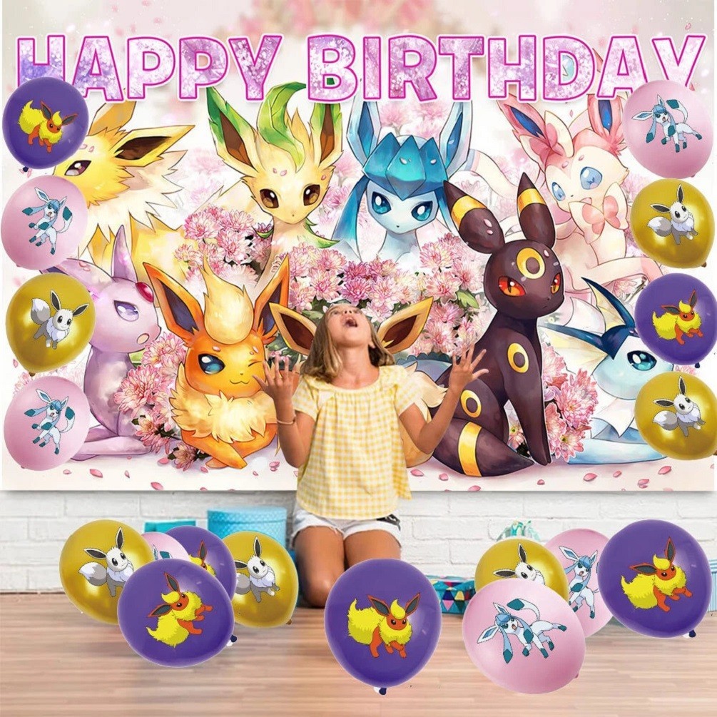 Eevee Happy Birthday Party Supplies Plates Balloon Cake Toppers Banner 5x3ft