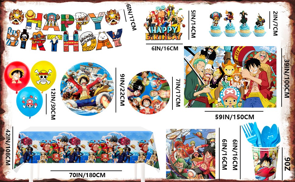 112 Pcs One Piece Party Decorations and Tableware Set Backdrop Plates Banner