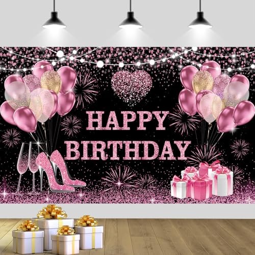 Happy Birthday Party Photography Backdrops Backgrounds | 180×120 cm, Pink Gold