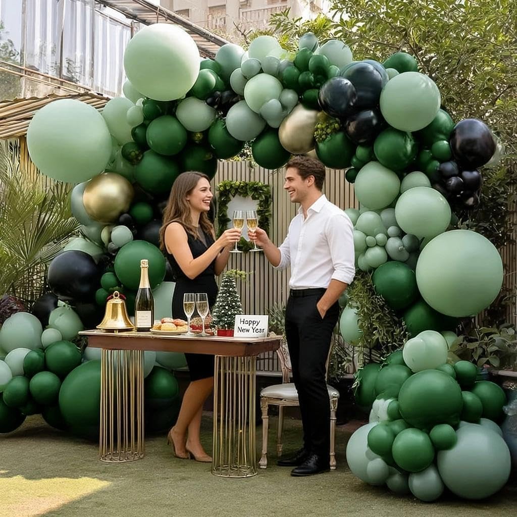 Green Gold Balloon Arch, Double Stuffed Black Gold Sage Emerald Dark Green Ba…