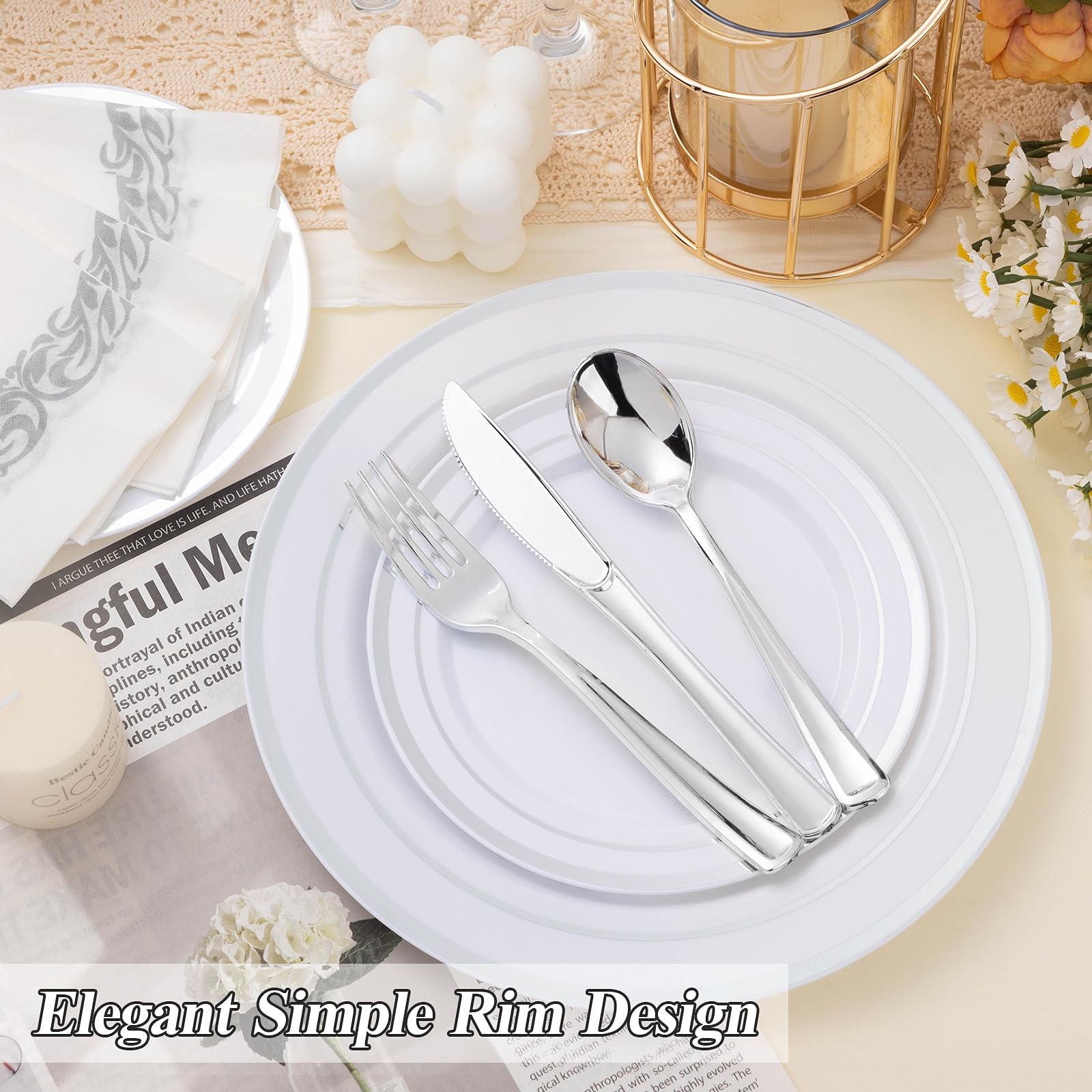 100 Piece Silver Rim Plastic Plates – 50 Dinner Plates 10.25″ & 50 Dessert Pl…