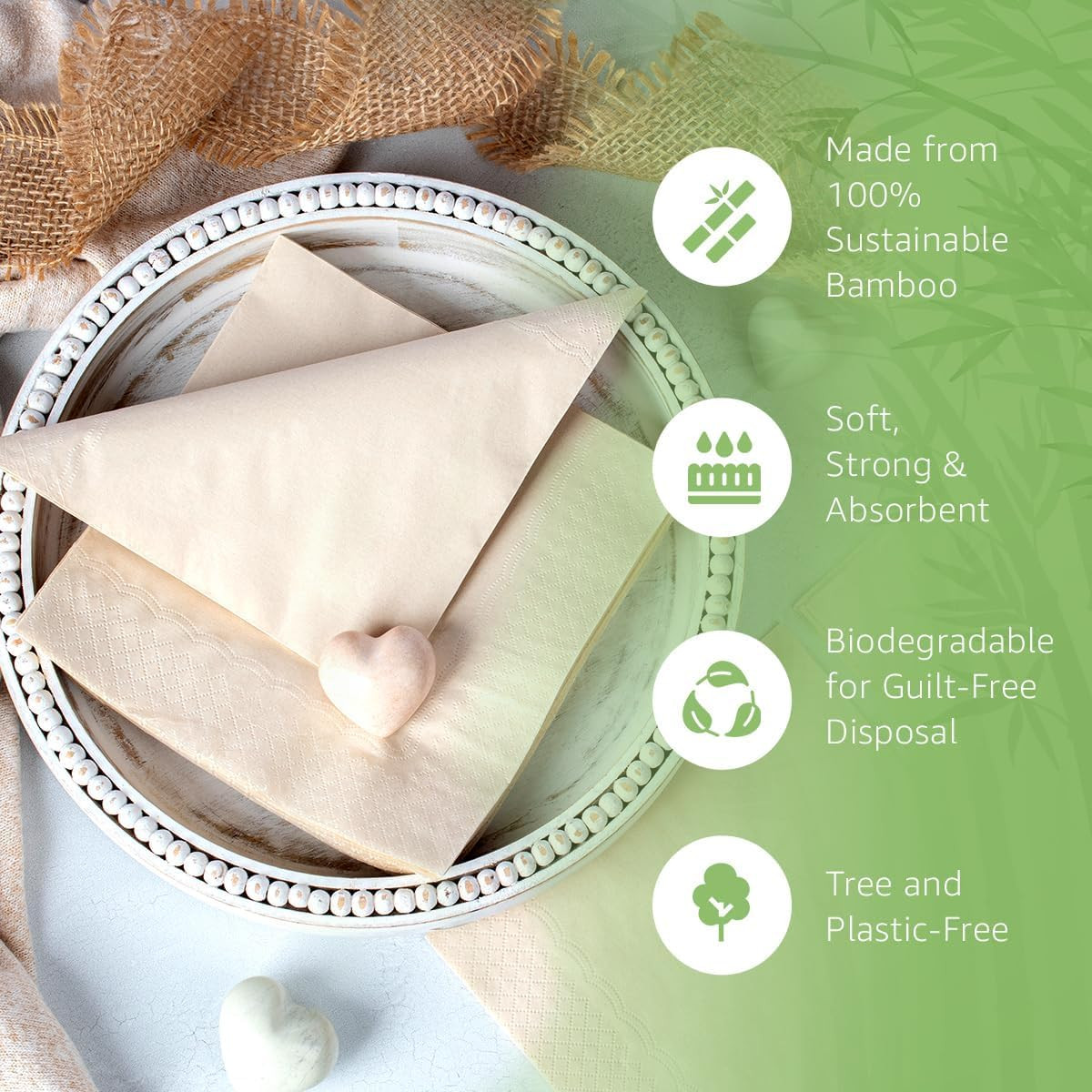 50 Pack 100% Bamboo Everyday Napkins – 2-Ply FSC 50 Napkins, Light Brown