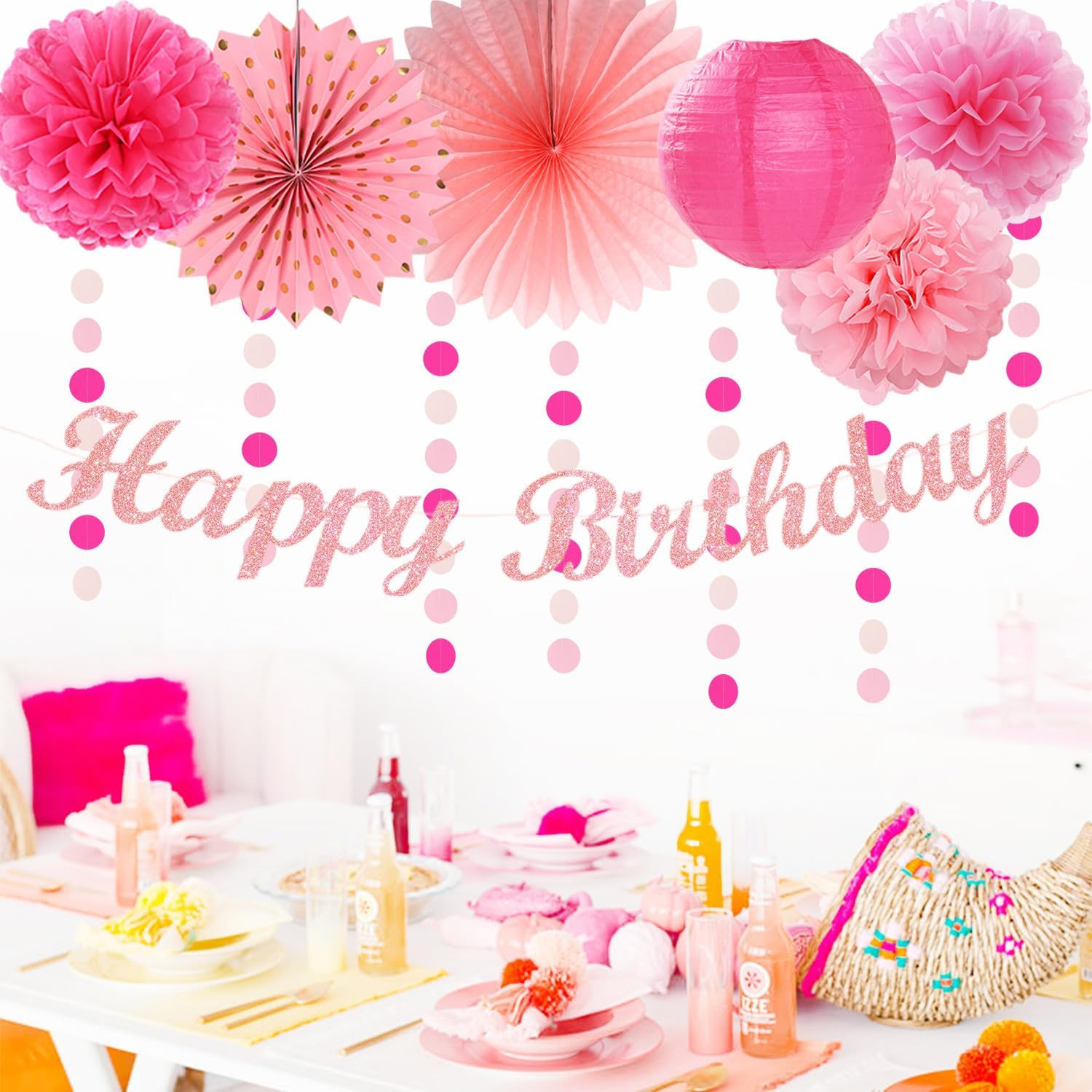 Light Hot Pink Birthday Party-Decorations – 21Pcs Girl Happy Banner,Paper Lanter