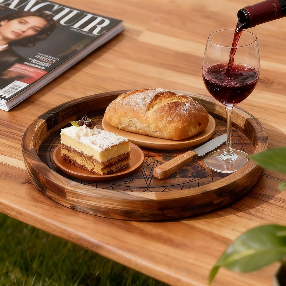 ORIGTRAY Walnut Tray, 12 Inches Ottoman Tray, Rustic Round Handcrafted Solid Woo