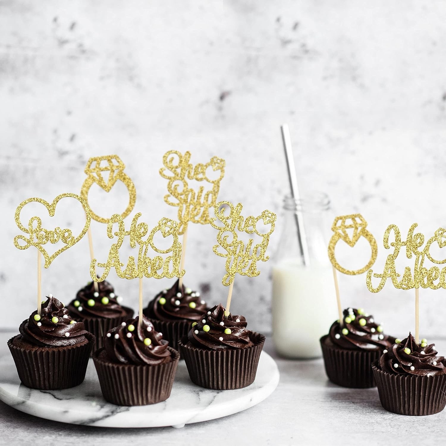 He Asked She Said Yes Cupcake Toppers Gold Glitter Diamond Ring Heart Love Ca…